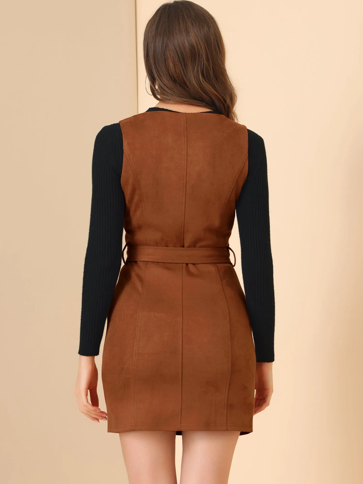 Retro Overalls Suspenders Belted V Neck Faux Suede Pinafore Dress sold by Allegra K product image thumbnail 3