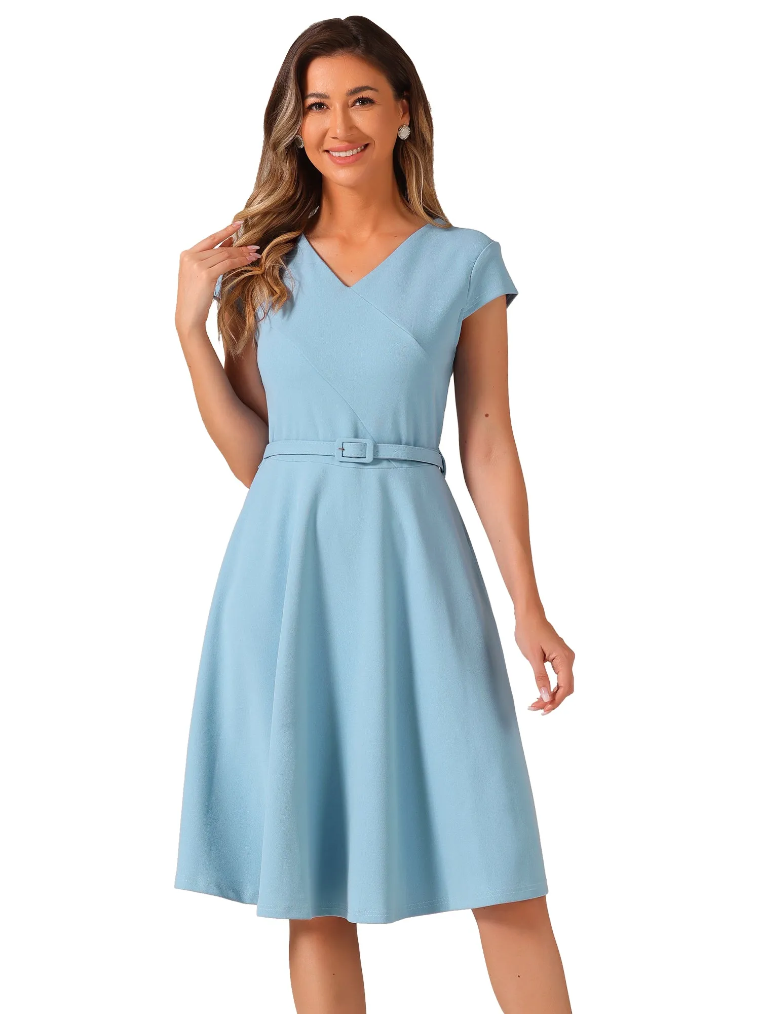 Belted V Neck Cap Sleeve Flowy A-line Midi Dress sold by Allegra K product image thumbnail 4
