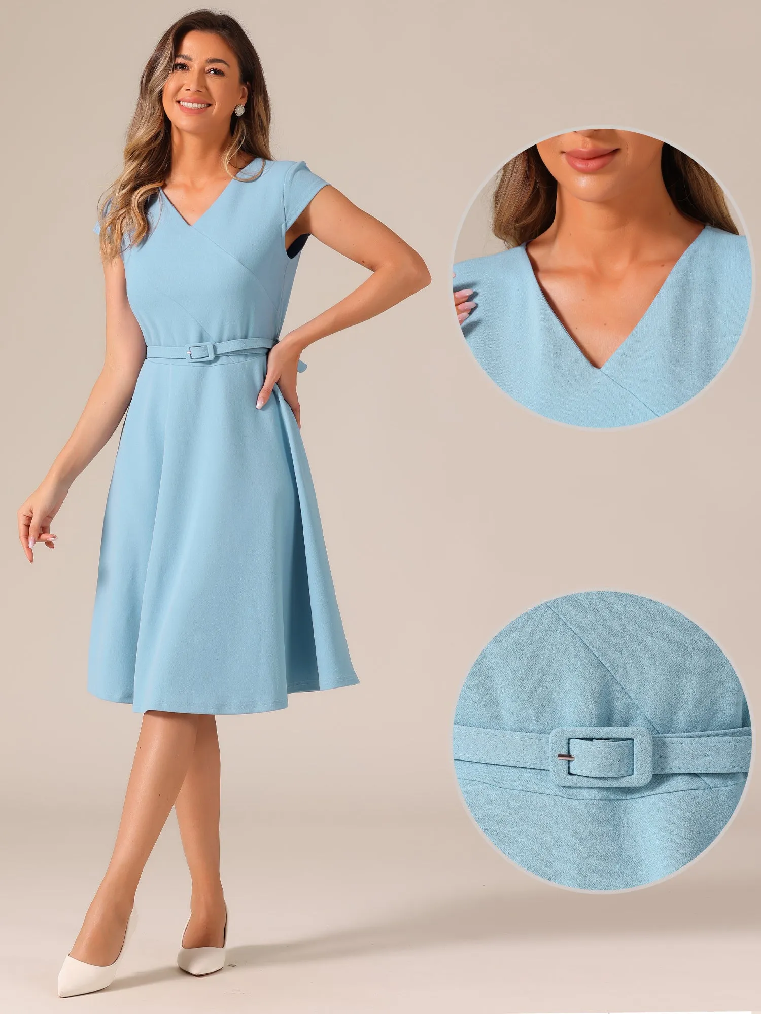 Belted V Neck Cap Sleeve Flowy A-line Midi Dress sold by Allegra K product image thumbnail 2