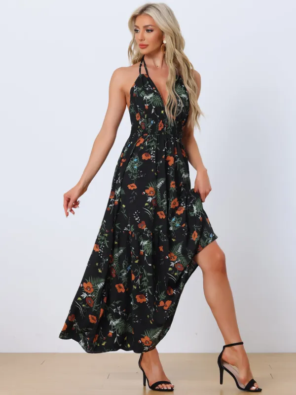 Halter Neck Boho Sleeveless Elastic Waist Backless Floral Sundress Maxi Dress sold by Allegra K