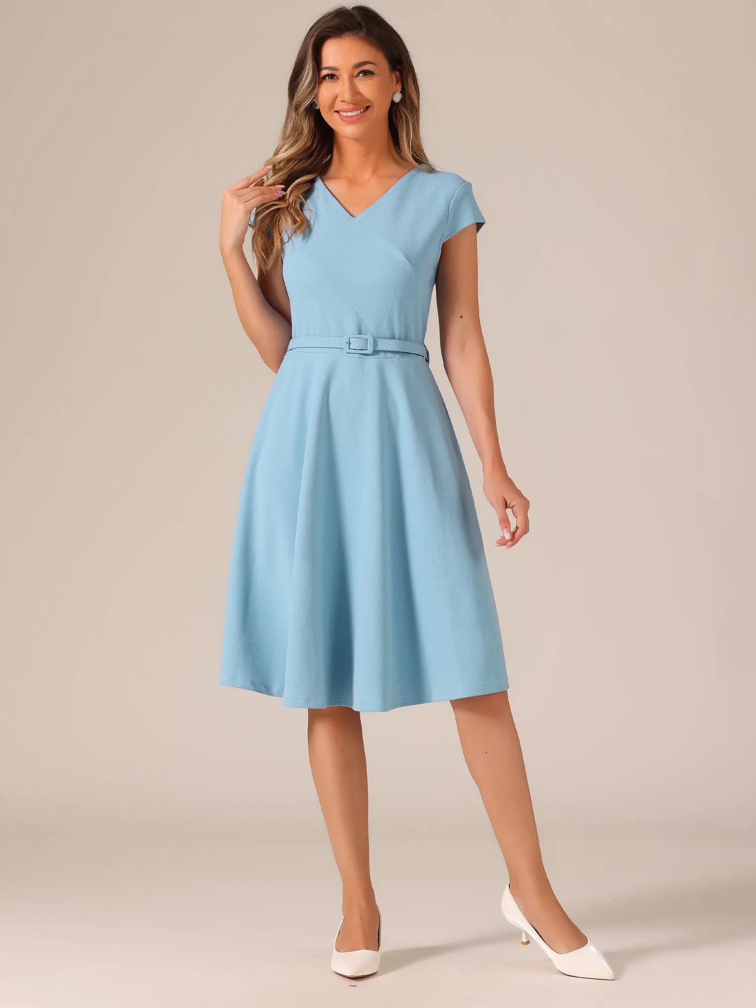 Belted V Neck Cap Sleeve Flowy A-line Midi Dress sold by Allegra K