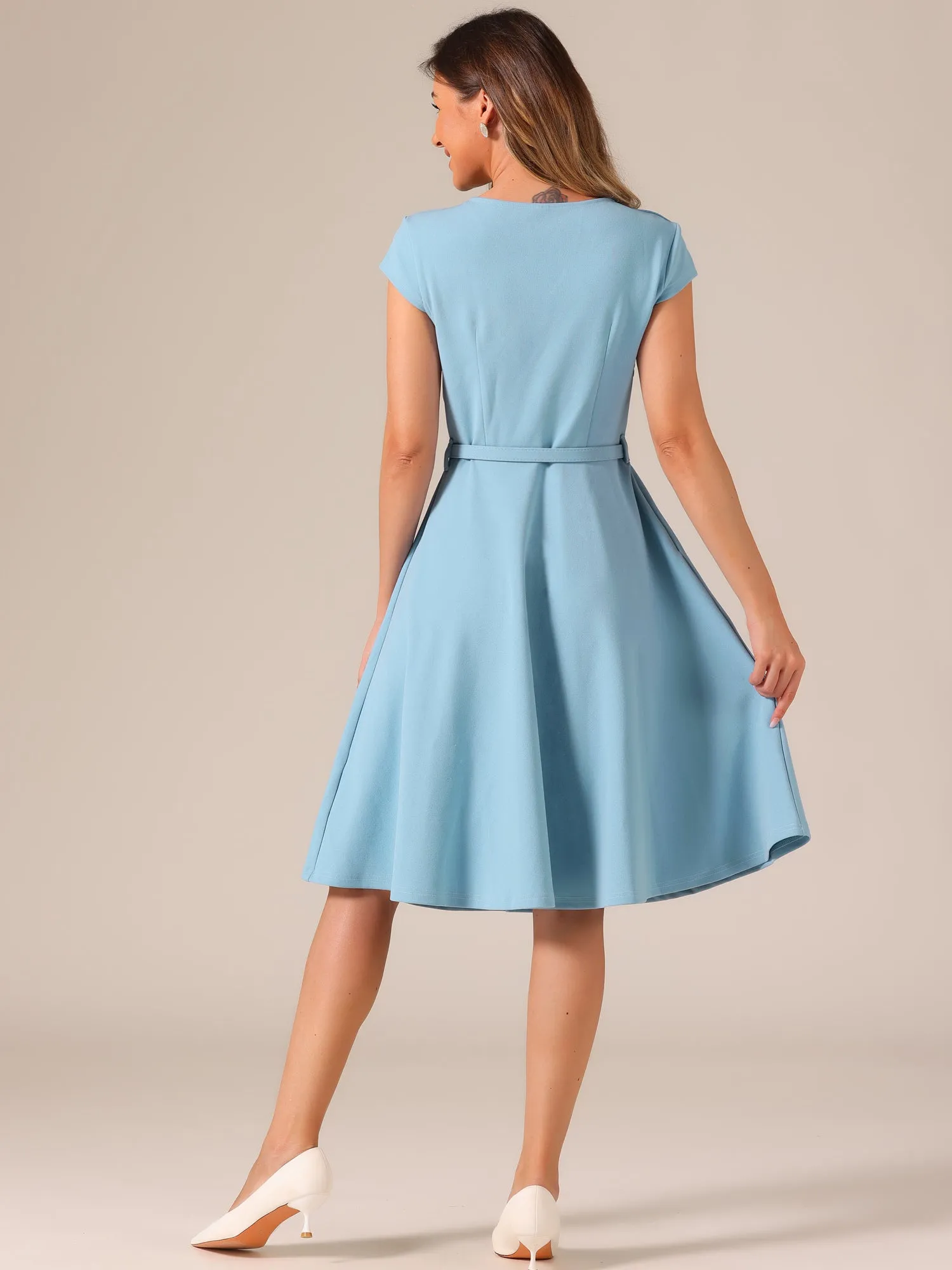Belted V Neck Cap Sleeve Flowy A-line Midi Dress sold by Allegra K product image thumbnail 3