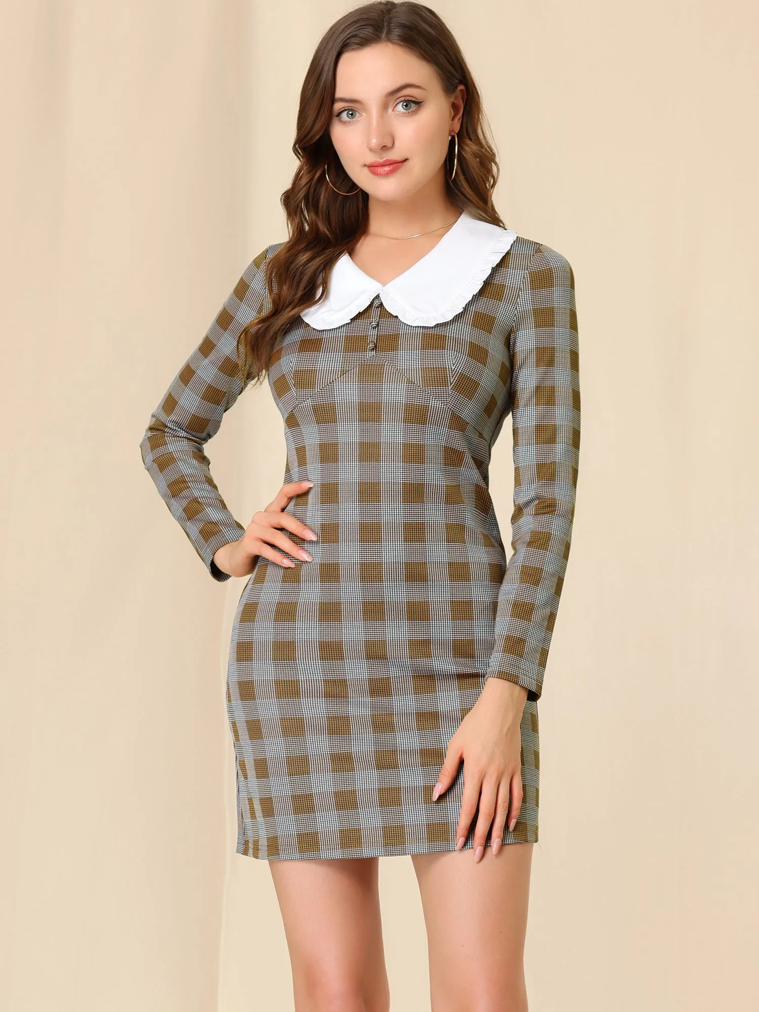 Peter Pan Collar Slim Fit Retro Vintage Bodycon Plaid Dress sold by Allegra K product image thumbnail 3