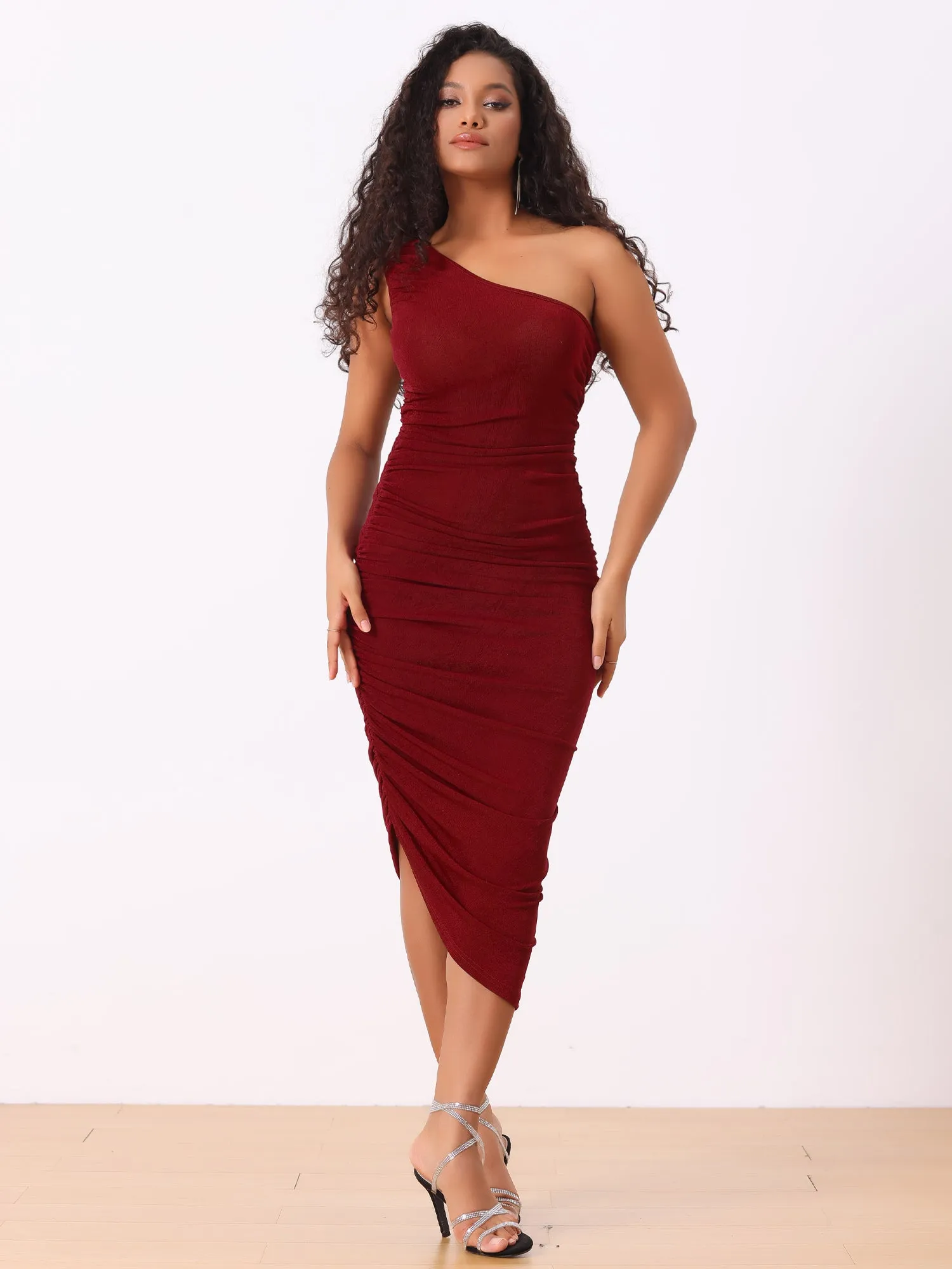Ruched Bodycon Sleeveless One Shoulder Irregular Hem Prom Midi Dress sold by Allegra K