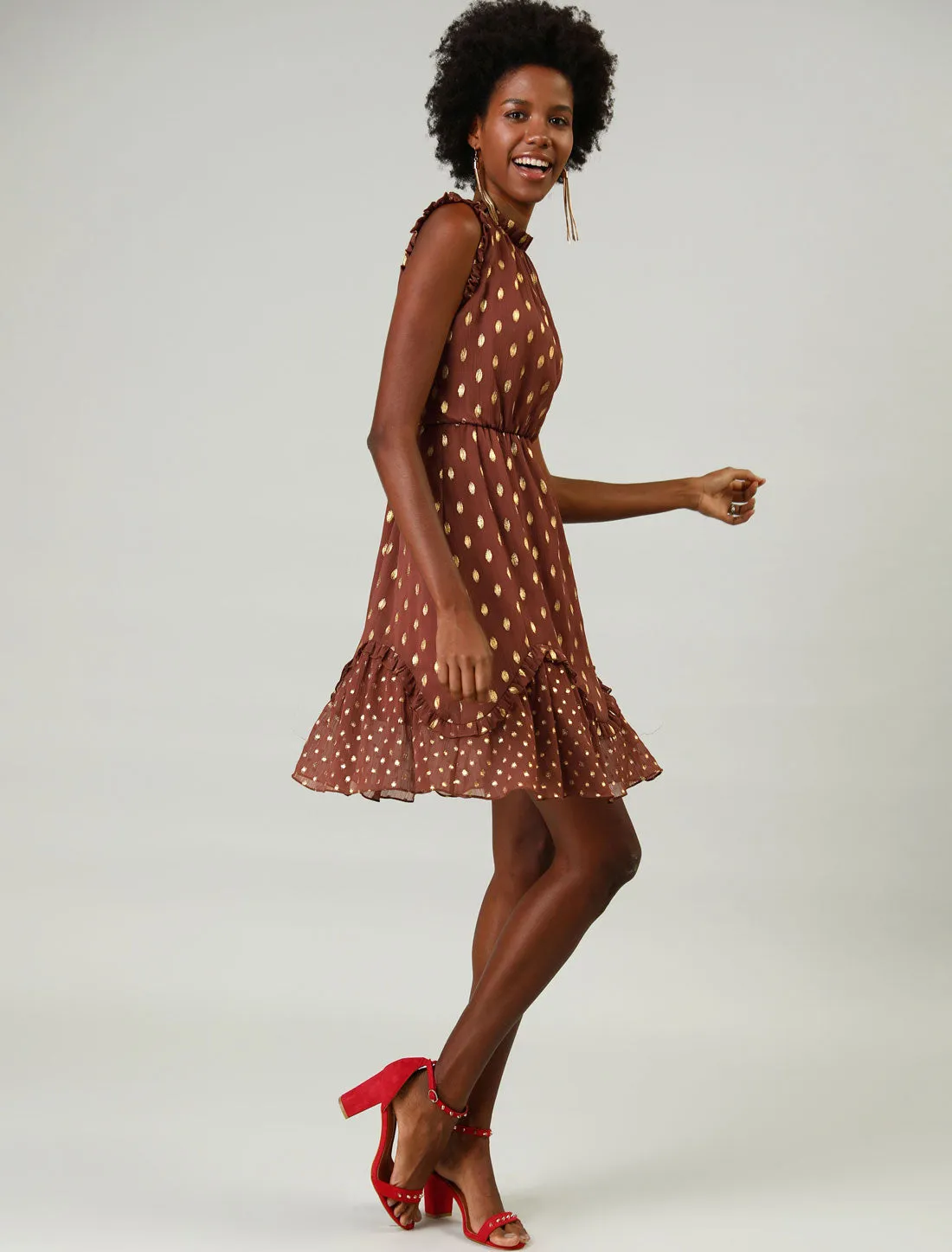 Dots High Neck Sleeveless Metallic Print Ruffle Cocktail Party Dress sold by Allegra K product image thumbnail 4