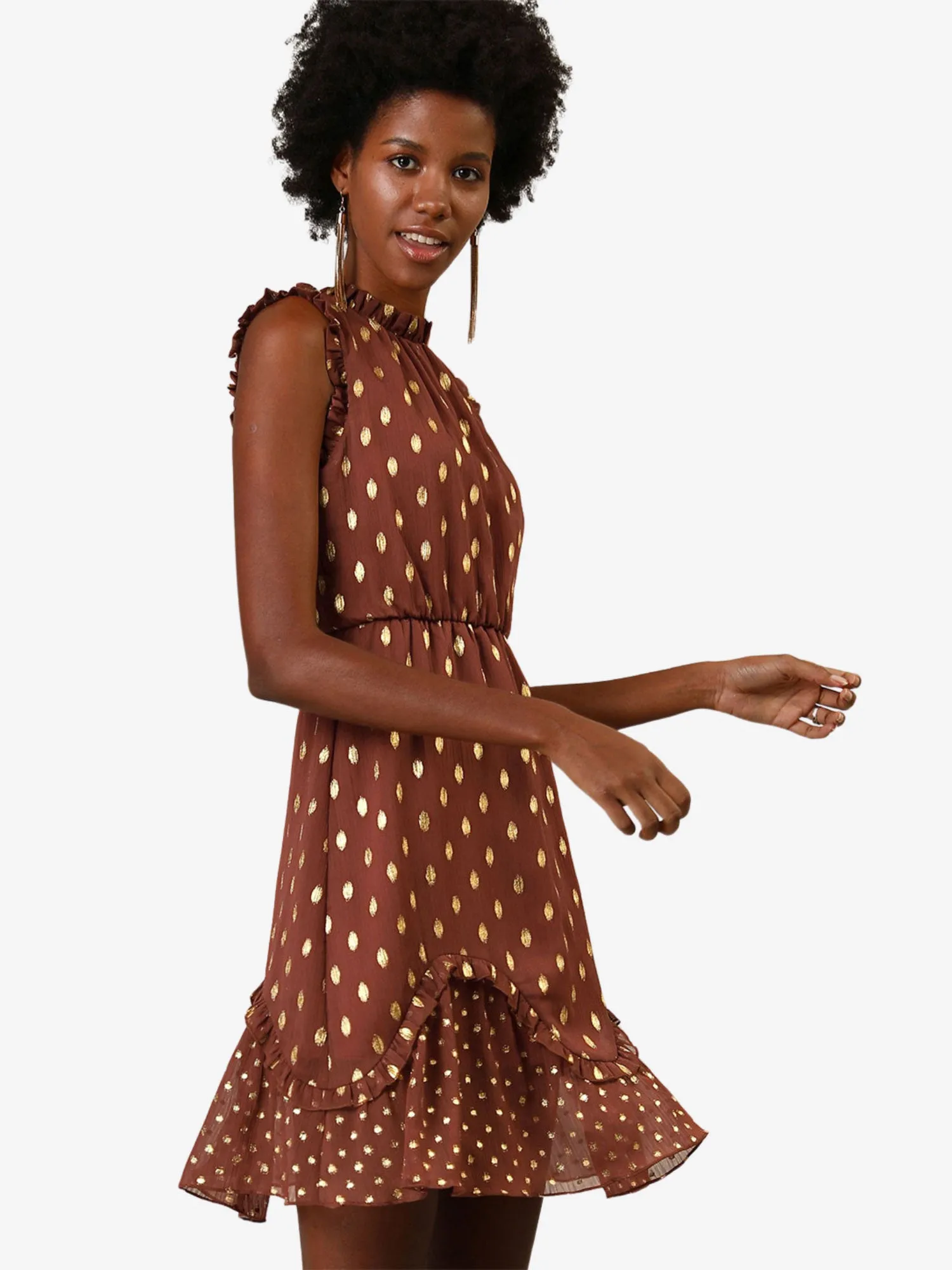 Dots High Neck Sleeveless Metallic Print Ruffle Cocktail Party Dress sold by Allegra K