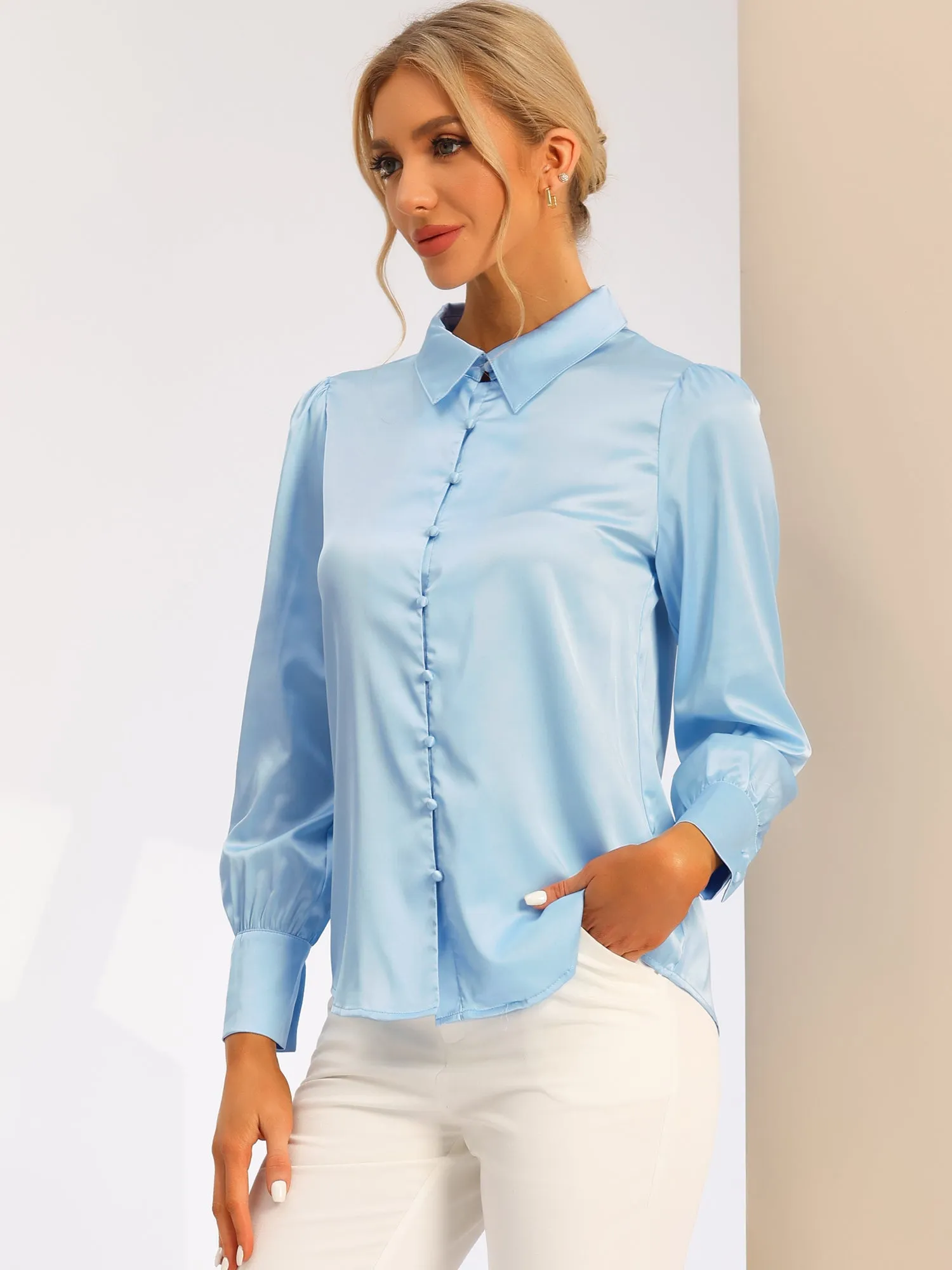 Satin Puff Sleeve Point Collar Button Up Blouse sold by Allegra K product image thumbnail 2