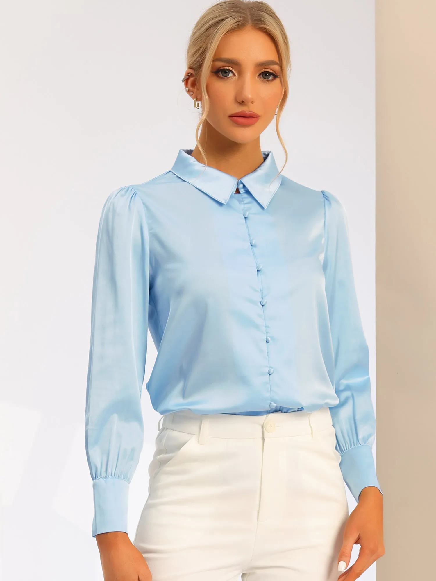 Satin Puff Sleeve Point Collar Button Up Blouse sold by Allegra K