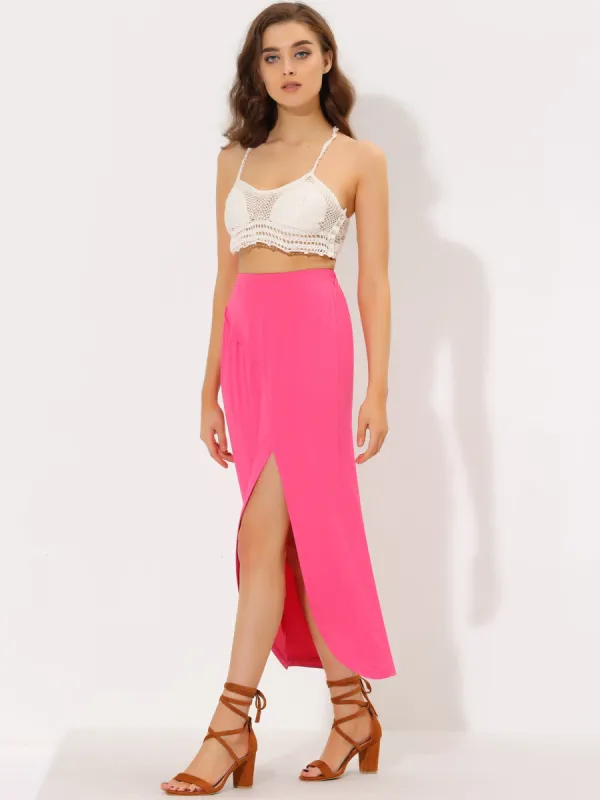 Ruched Split High Waist Summer Beach Long Maxi Skirt sold by Allegra K