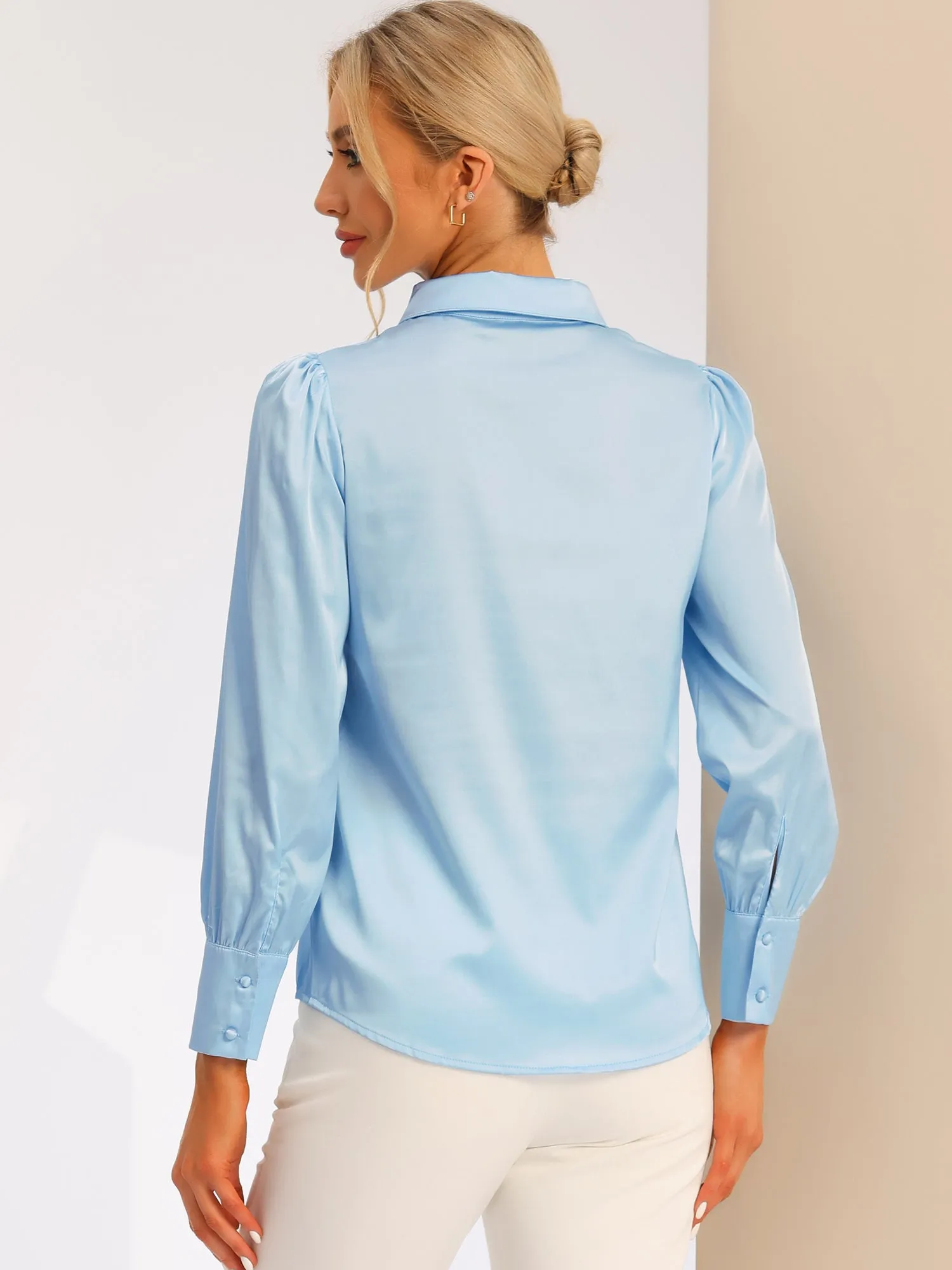Satin Puff Sleeve Point Collar Button Up Blouse sold by Allegra K product image thumbnail 3
