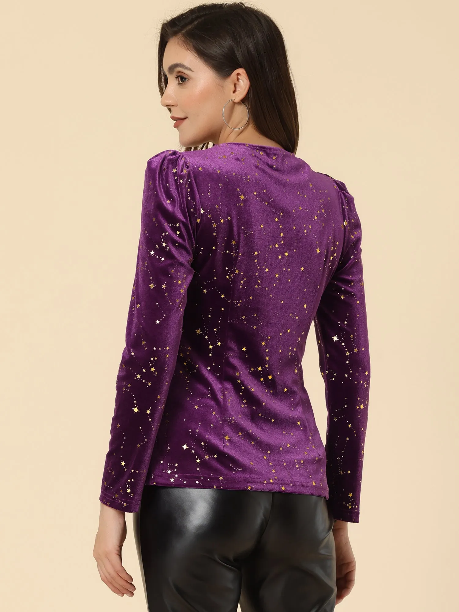 Velvet V-Neck Long Sleeve Gilding Shiny Metallic Stars Top sold by Allegra K product image thumbnail 4