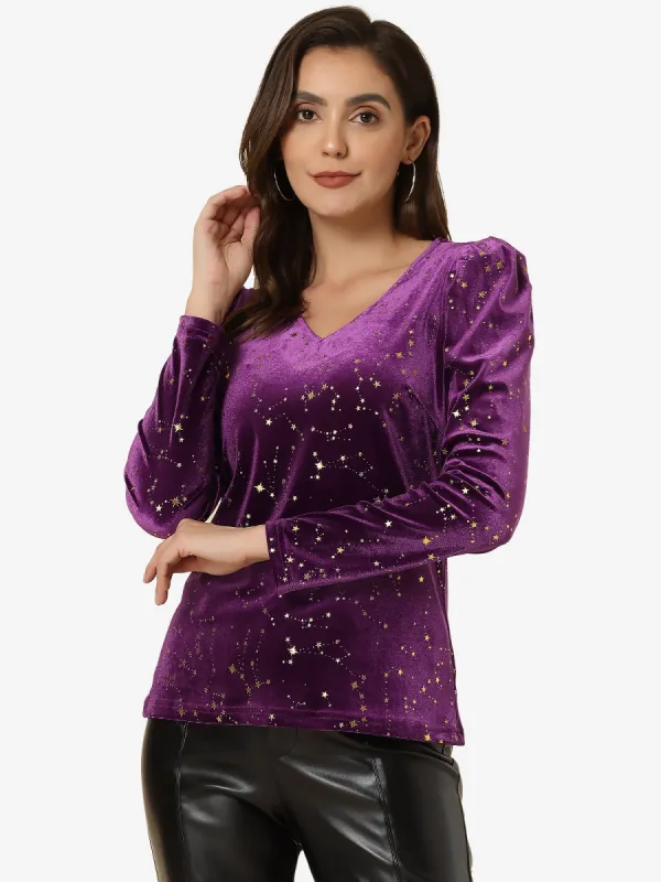 Velvet V-Neck Long Sleeve Gilding Shiny Metallic Stars Top sold by Allegra K