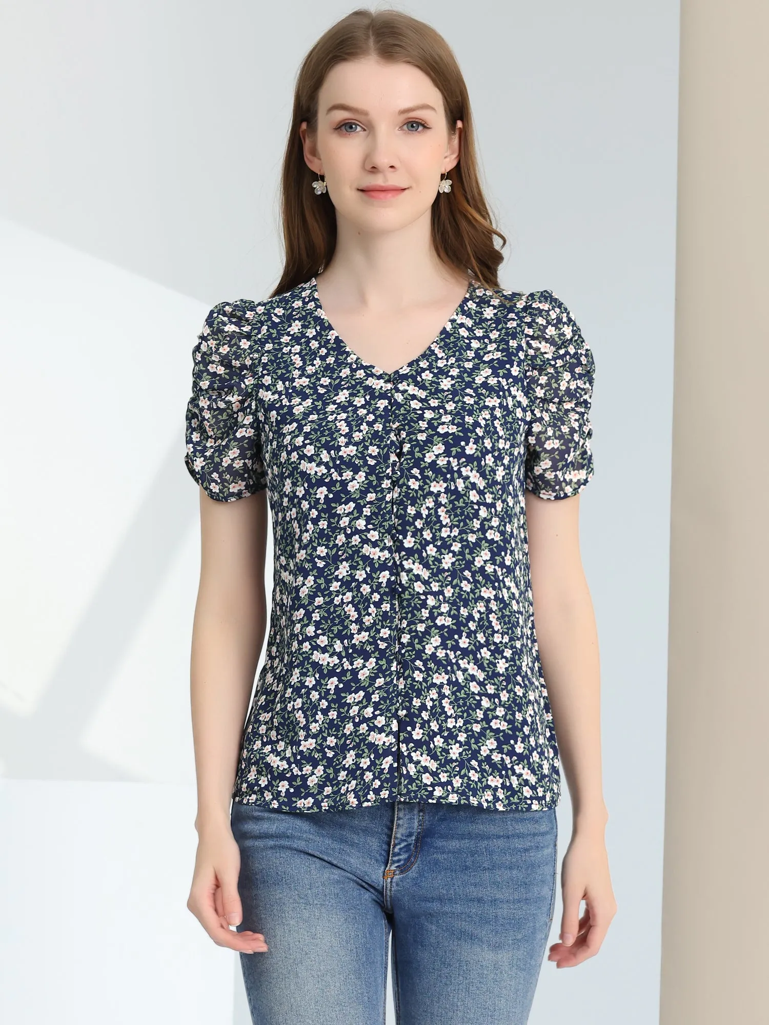 Button Front Shirt Puff Short Sleeve Chiffon Floral Top sold by Allegra K product image thumbnail 2