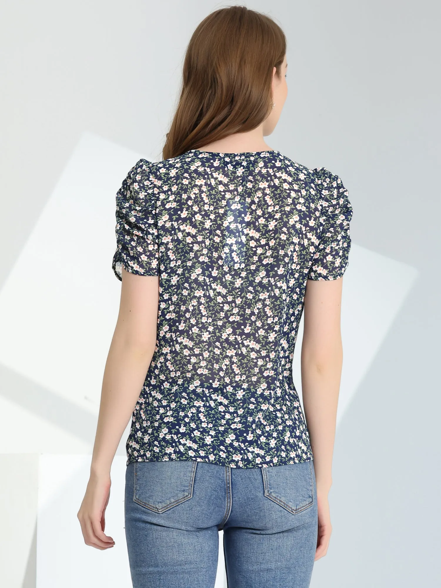Button Front Shirt Puff Short Sleeve Chiffon Floral Top sold by Allegra K product image thumbnail 4