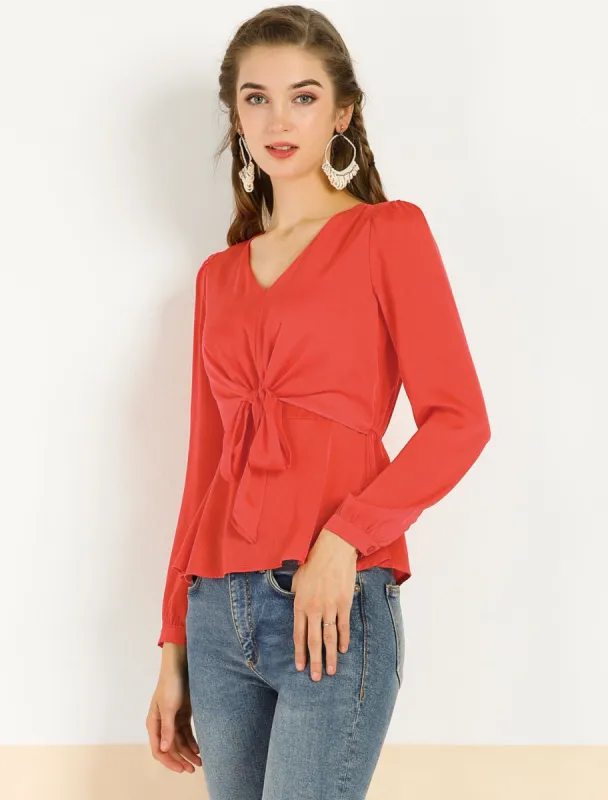 Elegant Tie Front Blouse Long Sleeve V Neck Pelum Top sold by Allegra K