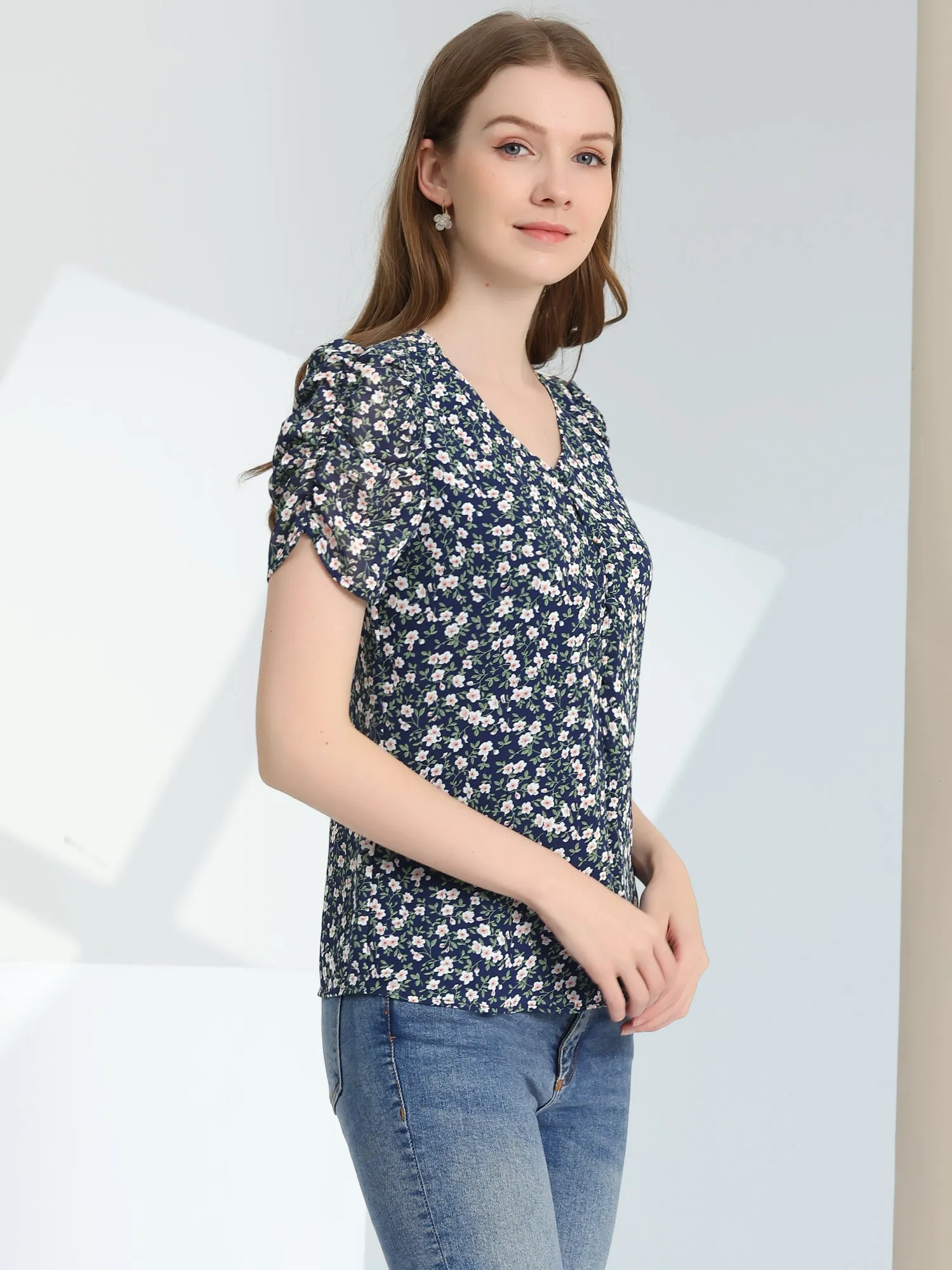 Button Front Shirt Puff Short Sleeve Chiffon Floral Top sold by Allegra K product image thumbnail 3