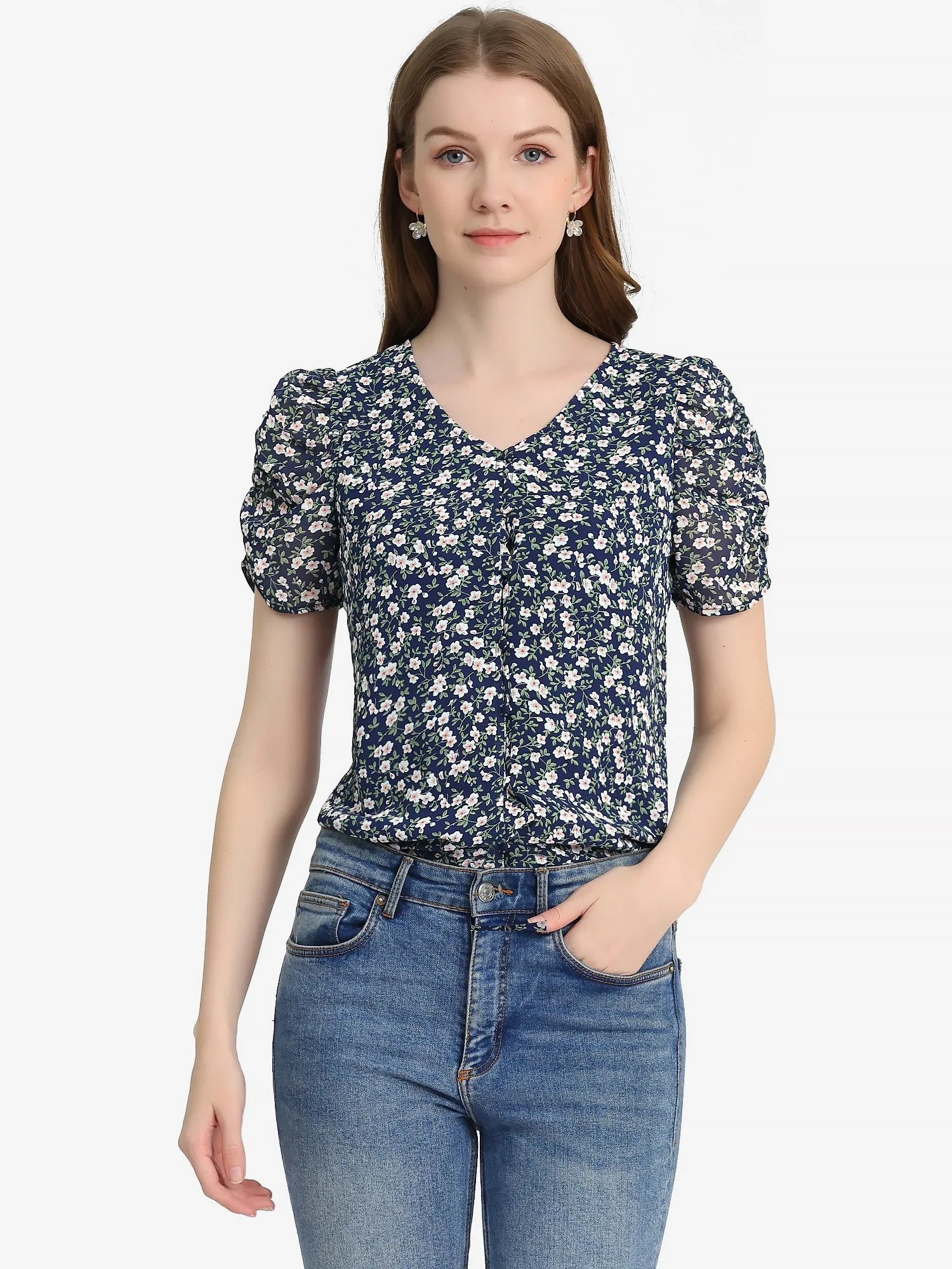 Button Front Shirt Puff Short Sleeve Chiffon Floral Top sold by Allegra K
