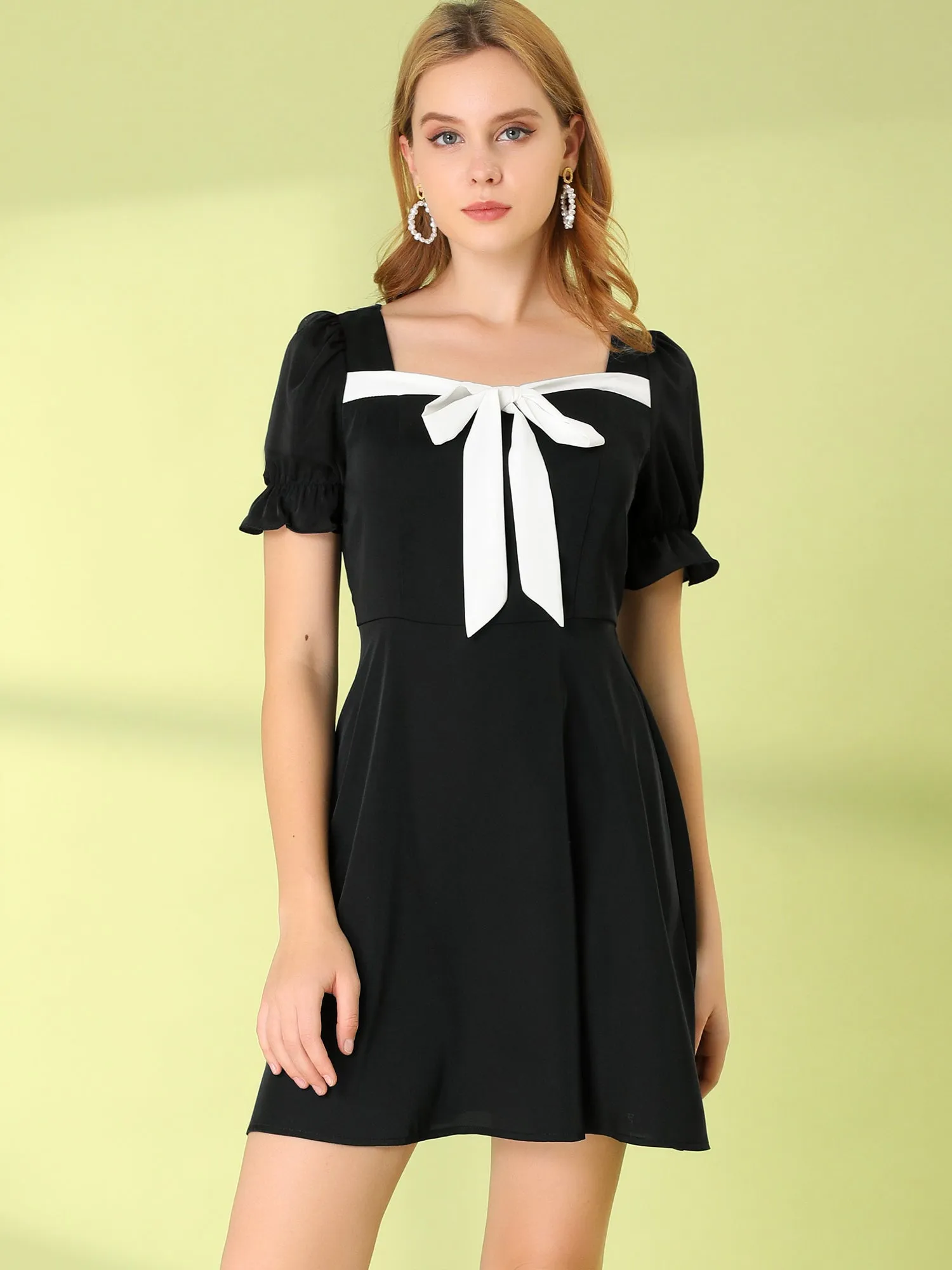 Retro Short Sleeve Contrast Color a Line Satin Dress sold by Allegra K product image thumbnail 2