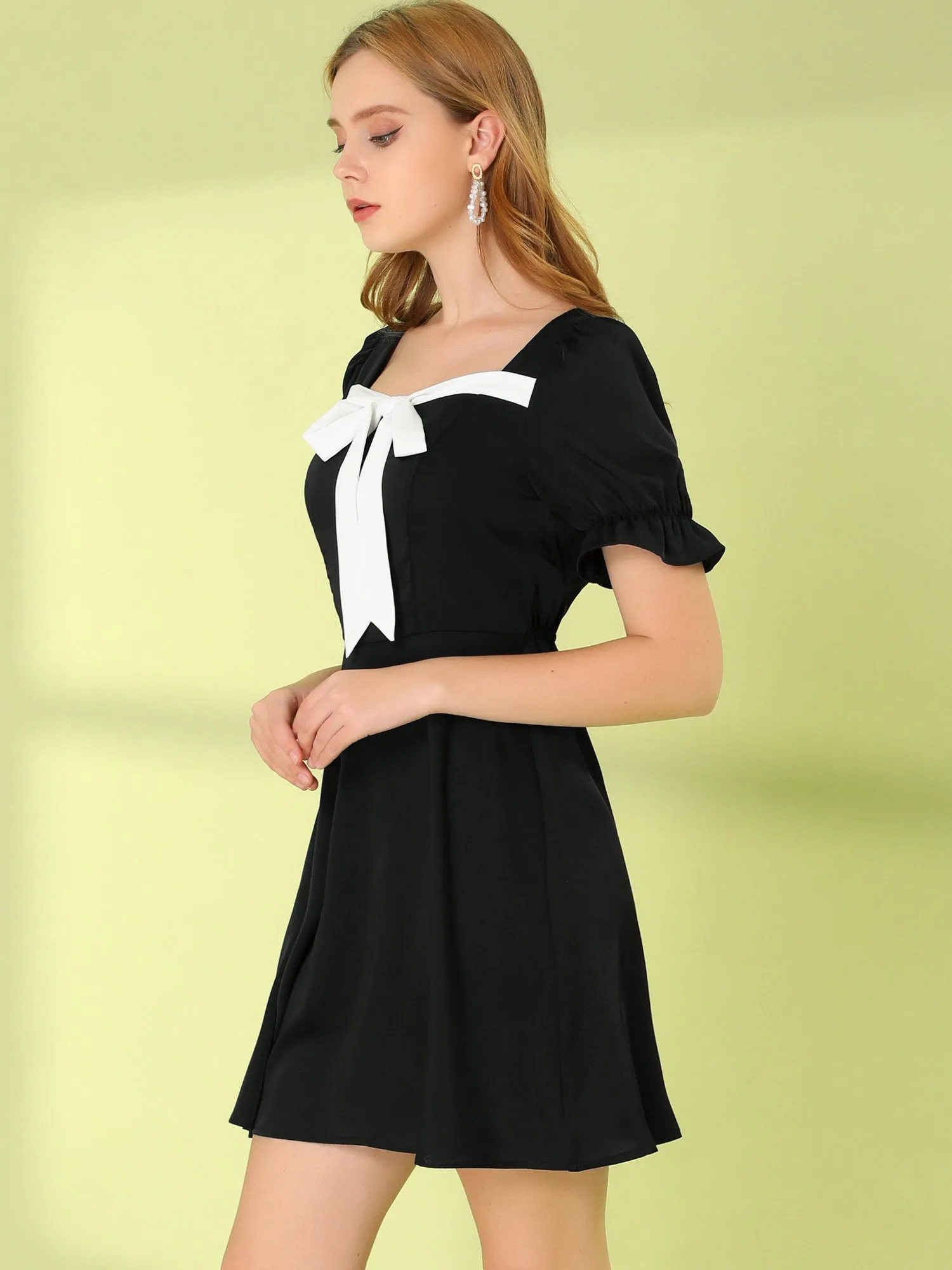 Retro Short Sleeve Contrast Color a Line Satin Dress sold by Allegra K product image thumbnail 3