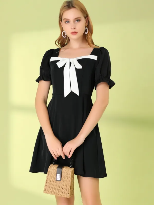 Retro Short Sleeve Contrast Color a Line Satin Dress sold by Allegra K