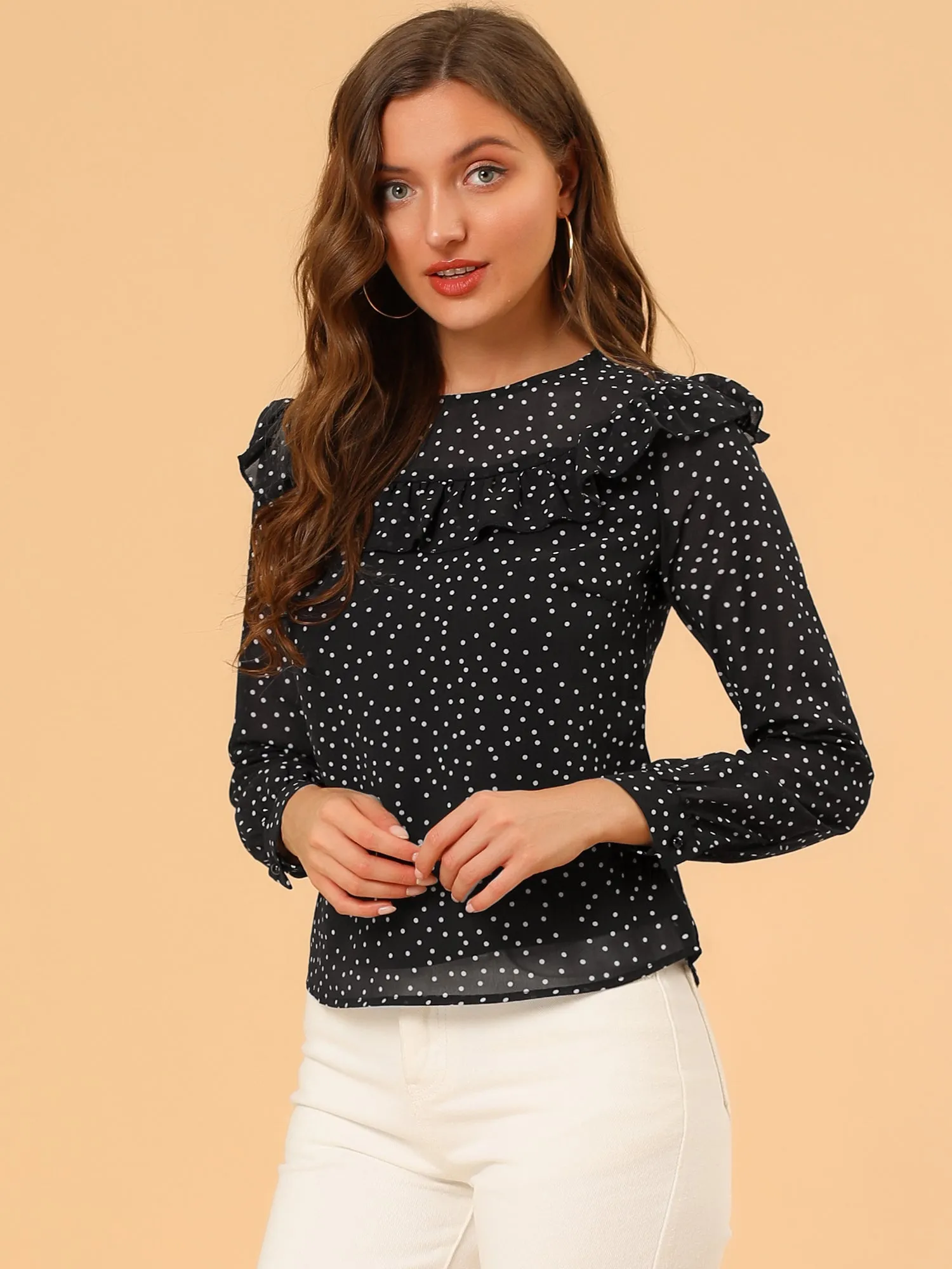Polka Dots Chiffon Top Elegant Crew Neck Ruffle Blouse sold by Allegra K product image thumbnail 2