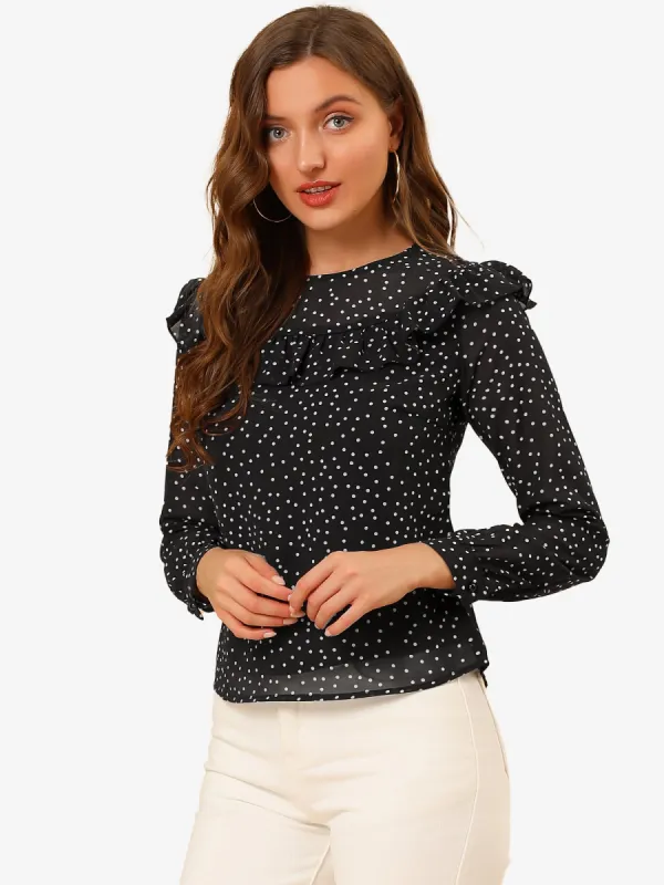 Polka Dots Chiffon Top Elegant Crew Neck Ruffle Blouse sold by Allegra K