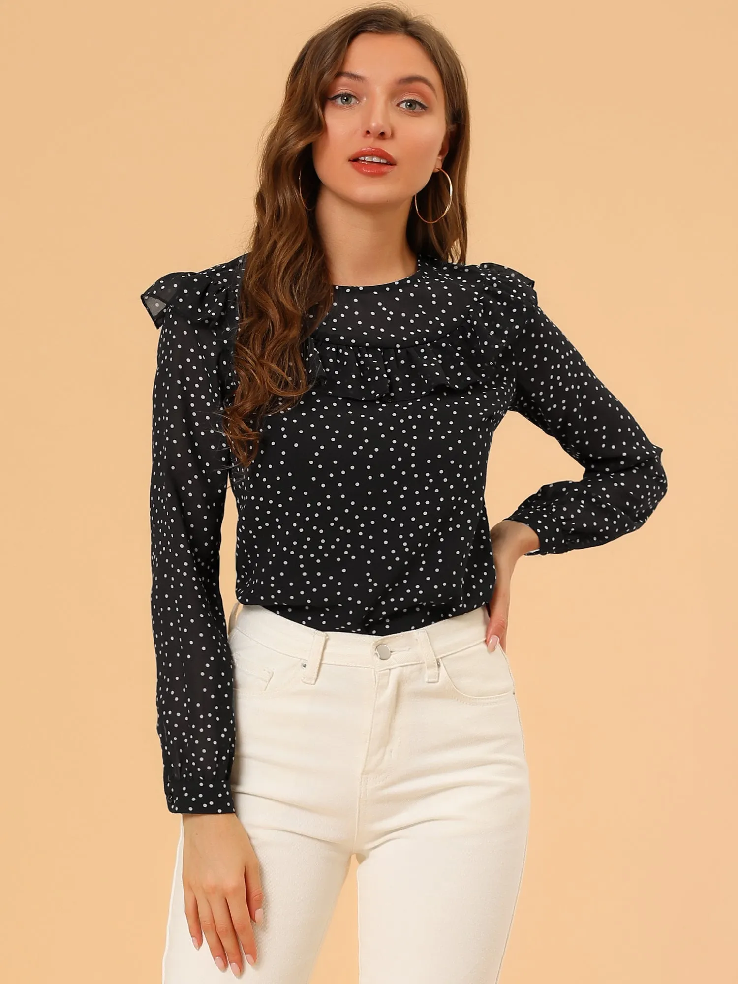 Polka Dots Chiffon Top Elegant Crew Neck Ruffle Blouse sold by Allegra K product image thumbnail 3