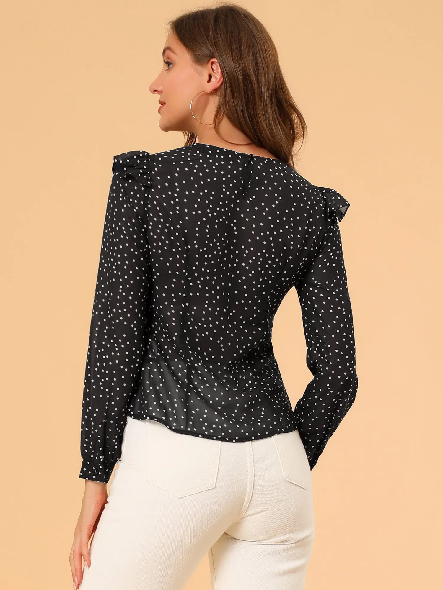 Polka Dots Chiffon Top Elegant Crew Neck Ruffle Blouse sold by Allegra K product image thumbnail 5