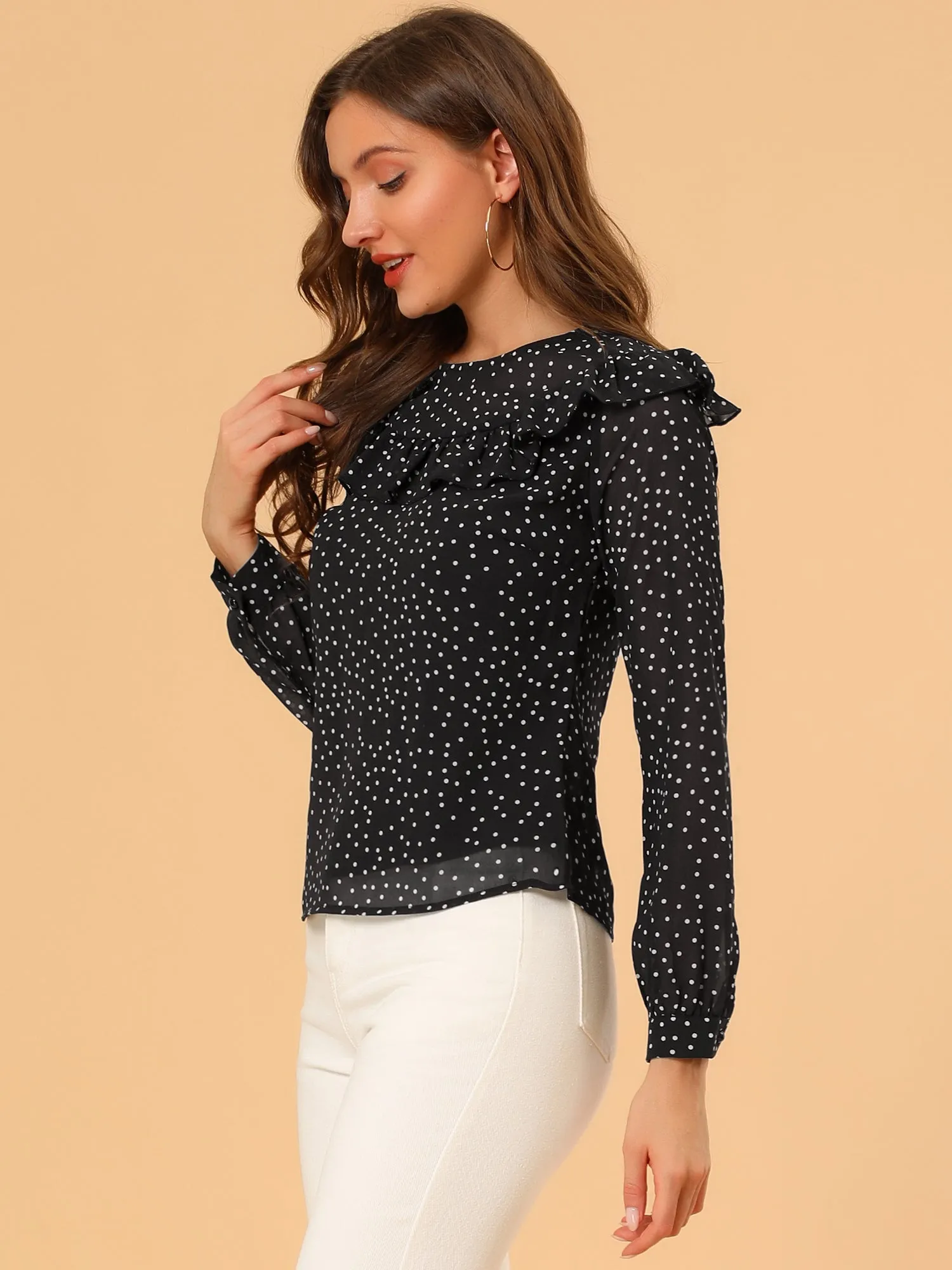 Polka Dots Chiffon Top Elegant Crew Neck Ruffle Blouse sold by Allegra K product image thumbnail 4