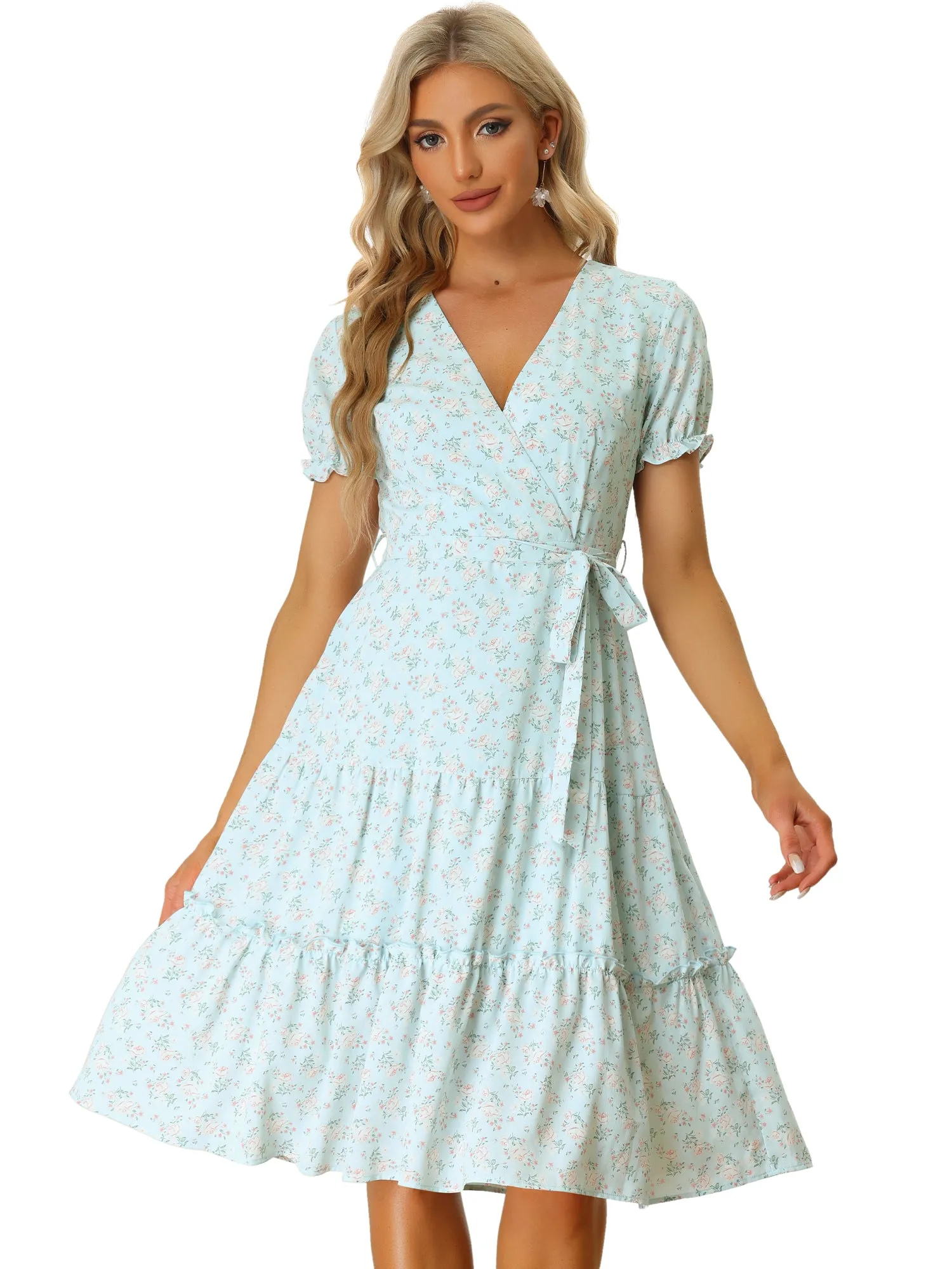 Floral Print A-line V Neck Tie Waist Puff Sleeve Midi Dress sold by Allegra K product image thumbnail 3