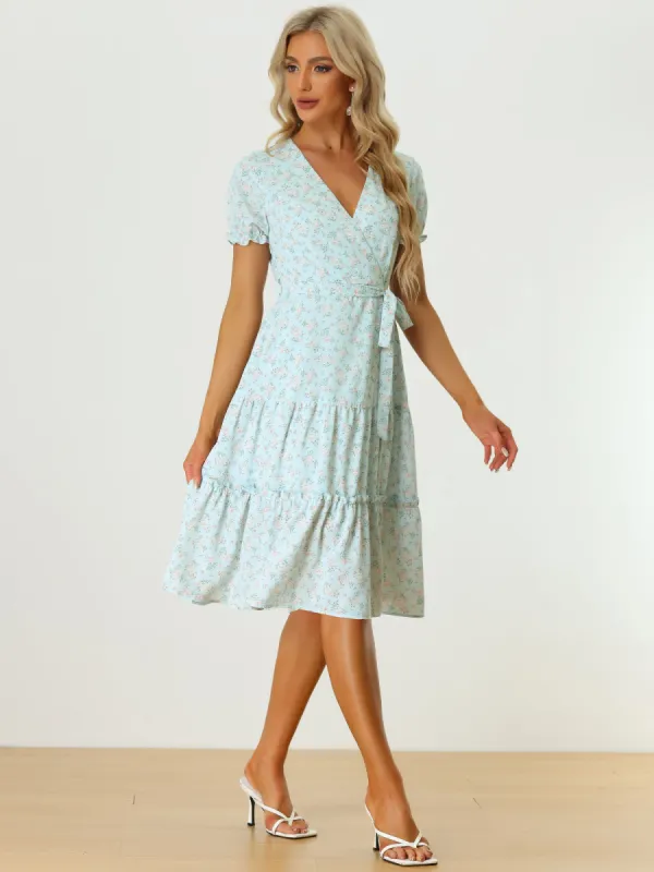 Floral Print A-line V Neck Tie Waist Puff Sleeve Midi Dress sold by Allegra K