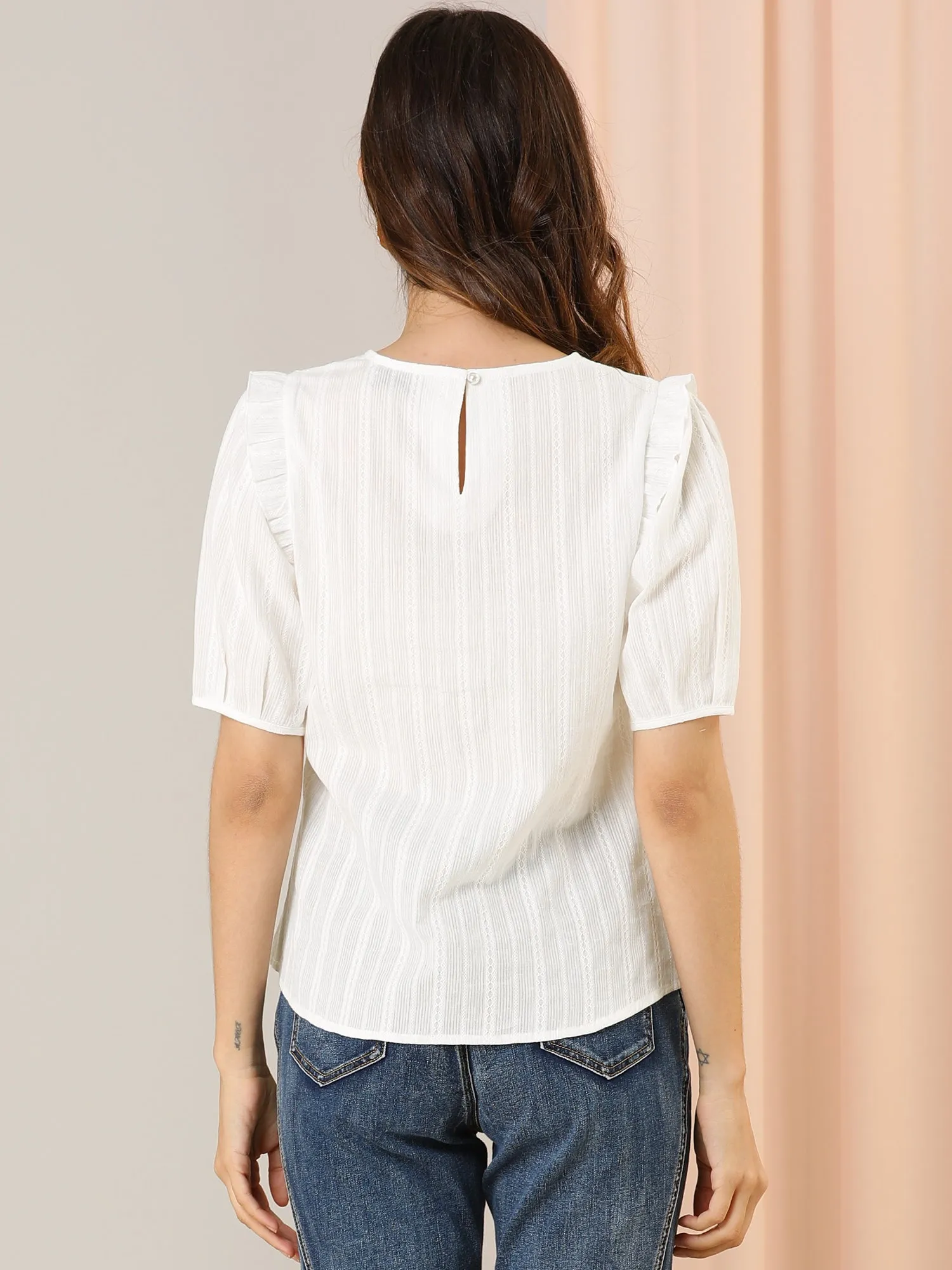 Cotton Summer Ruffle Frilled Round Neck Short Sleeve Blouse sold by Allegra K product image thumbnail 4