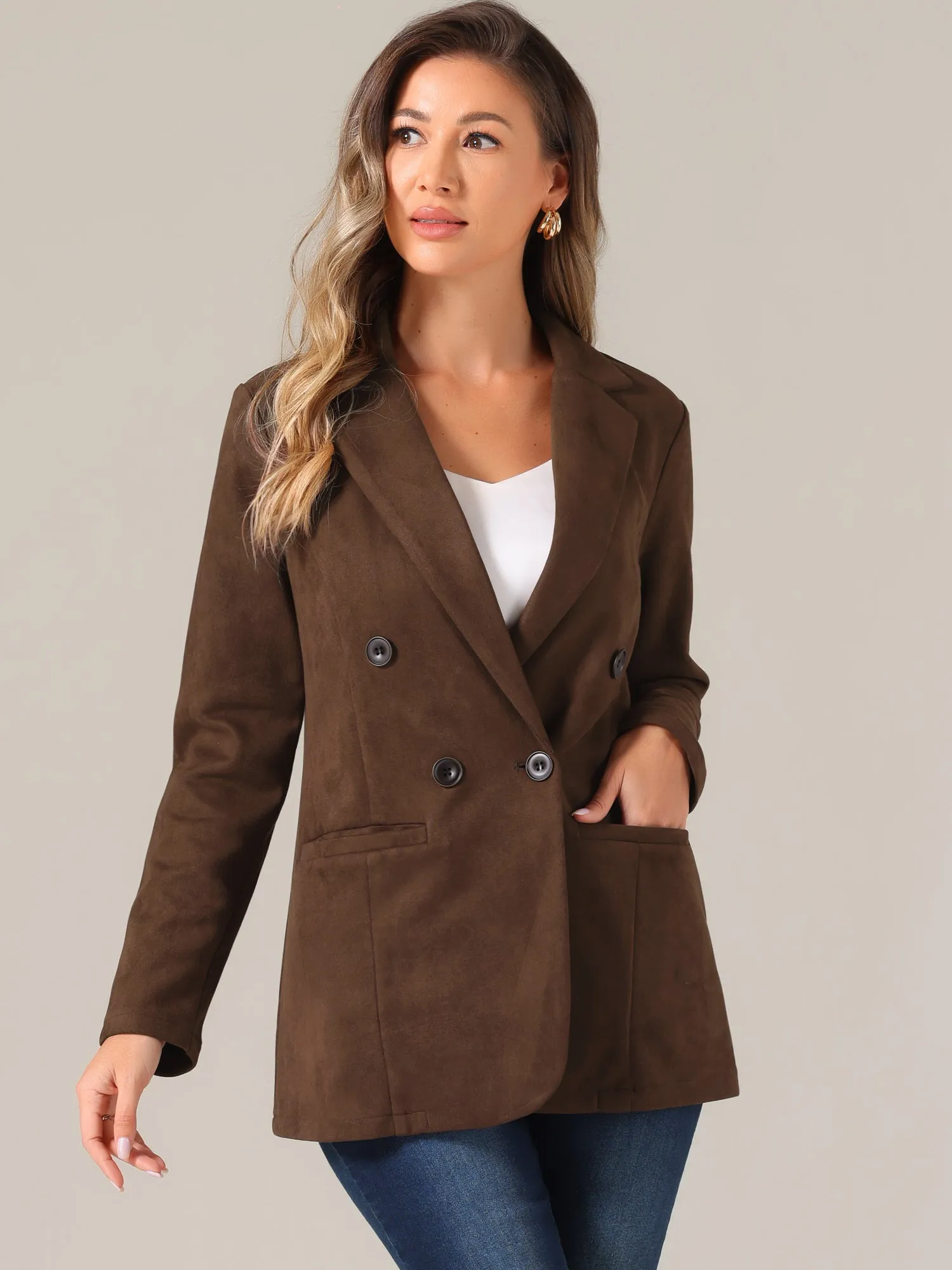 Faux Suede Dressy Lapel Collar Double Breasted Blazer Jacket sold by Allegra K