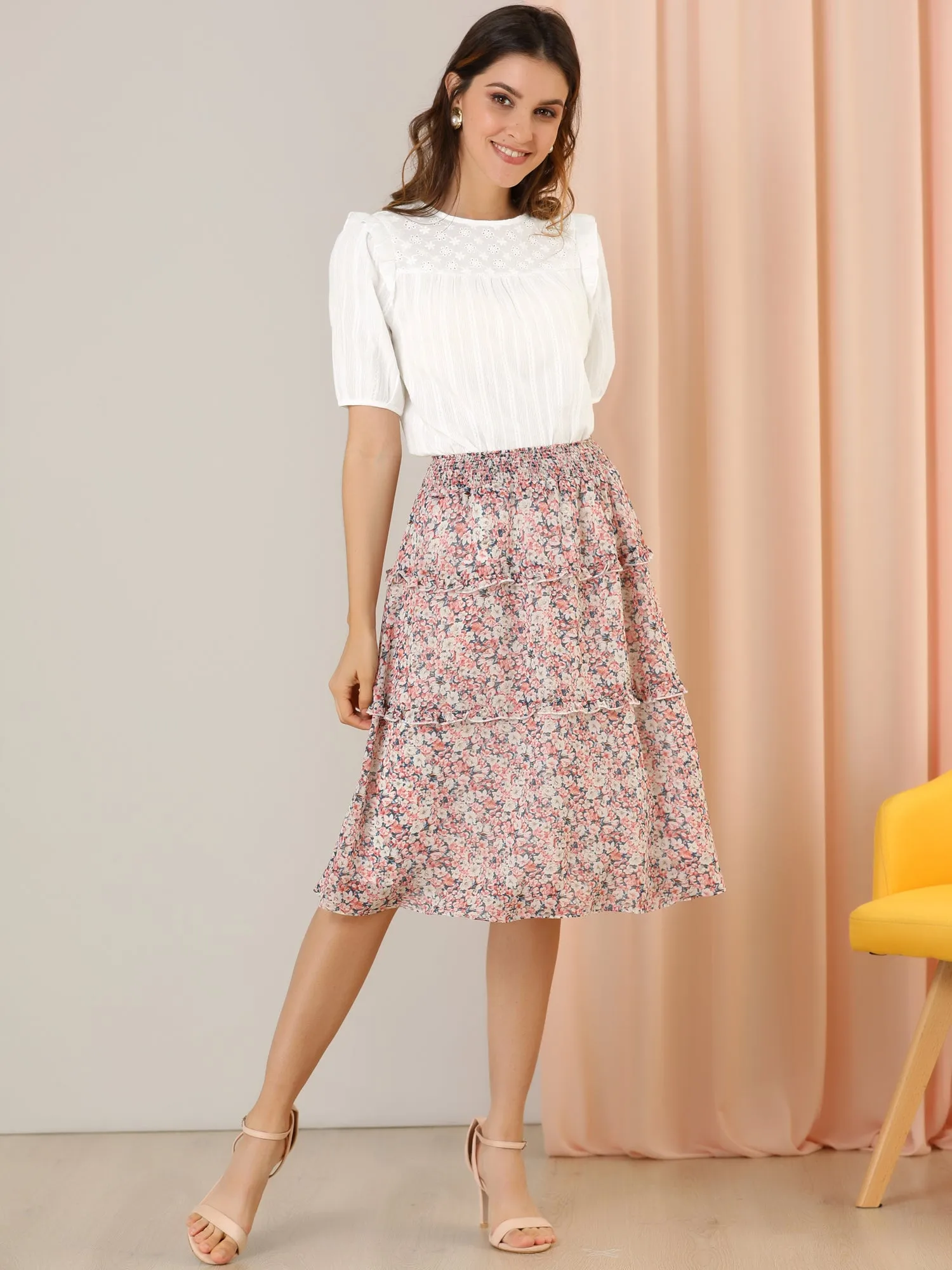 Cotton Summer Ruffle Frilled Round Neck Short Sleeve Blouse sold by Allegra K product image thumbnail 2