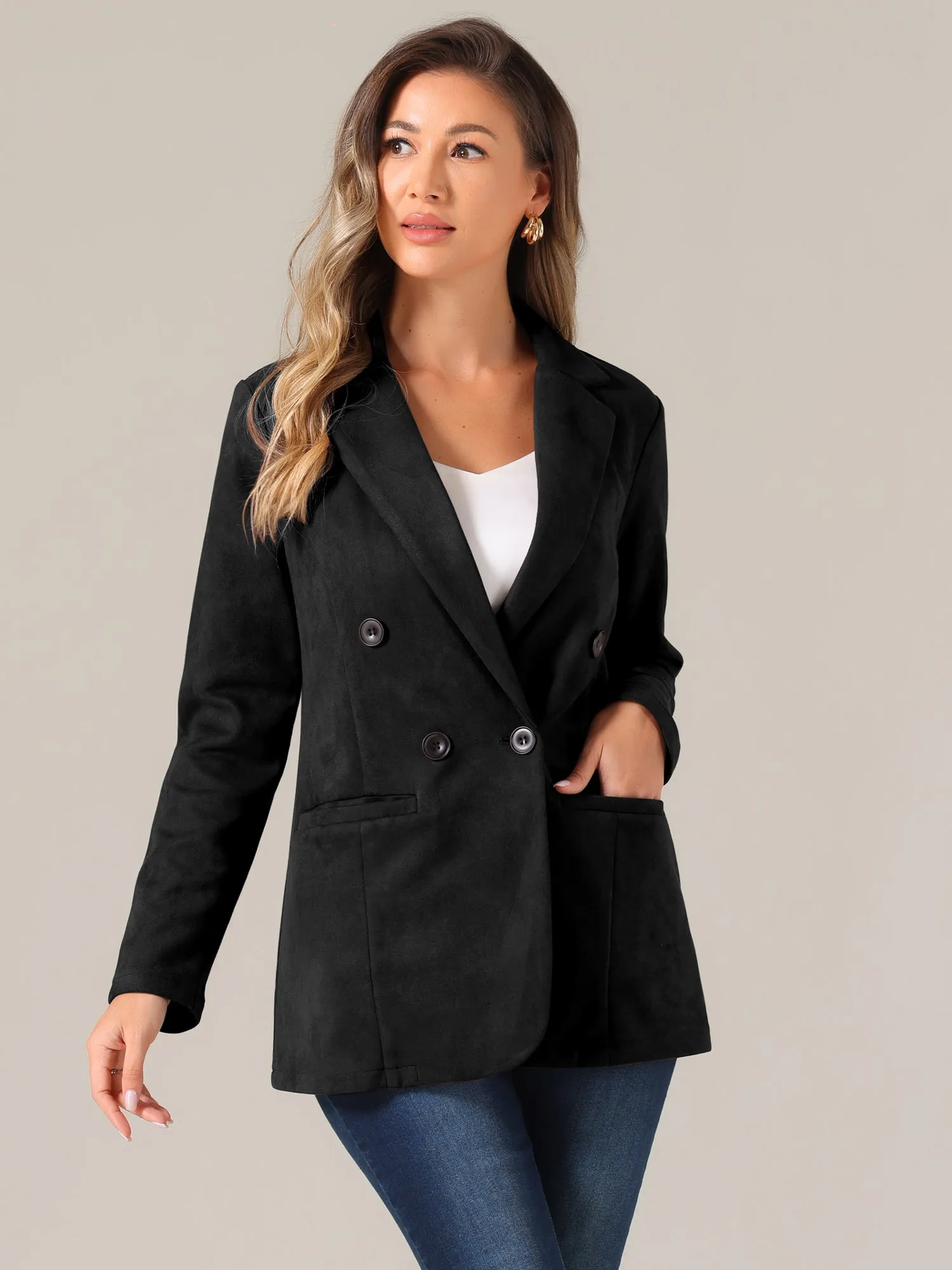 Faux Suede Dressy Lapel Collar Double Breasted Blazer Jacket sold by Allegra K product image thumbnail 5