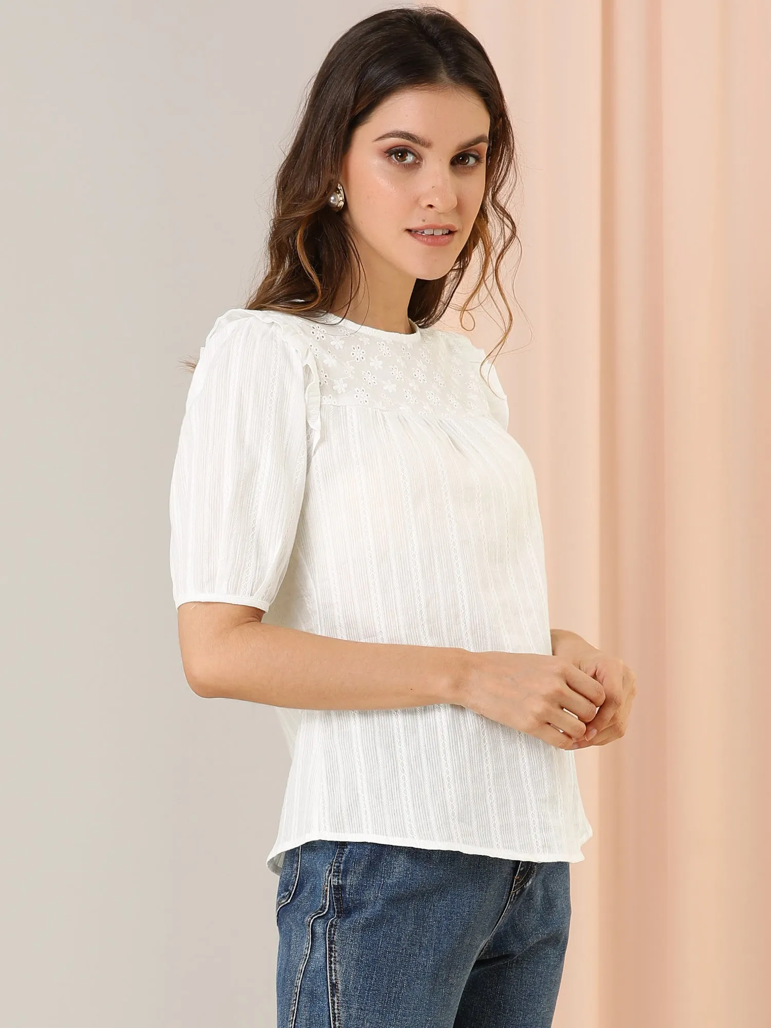 Cotton Summer Ruffle Frilled Round Neck Short Sleeve Blouse sold by Allegra K product image thumbnail 3