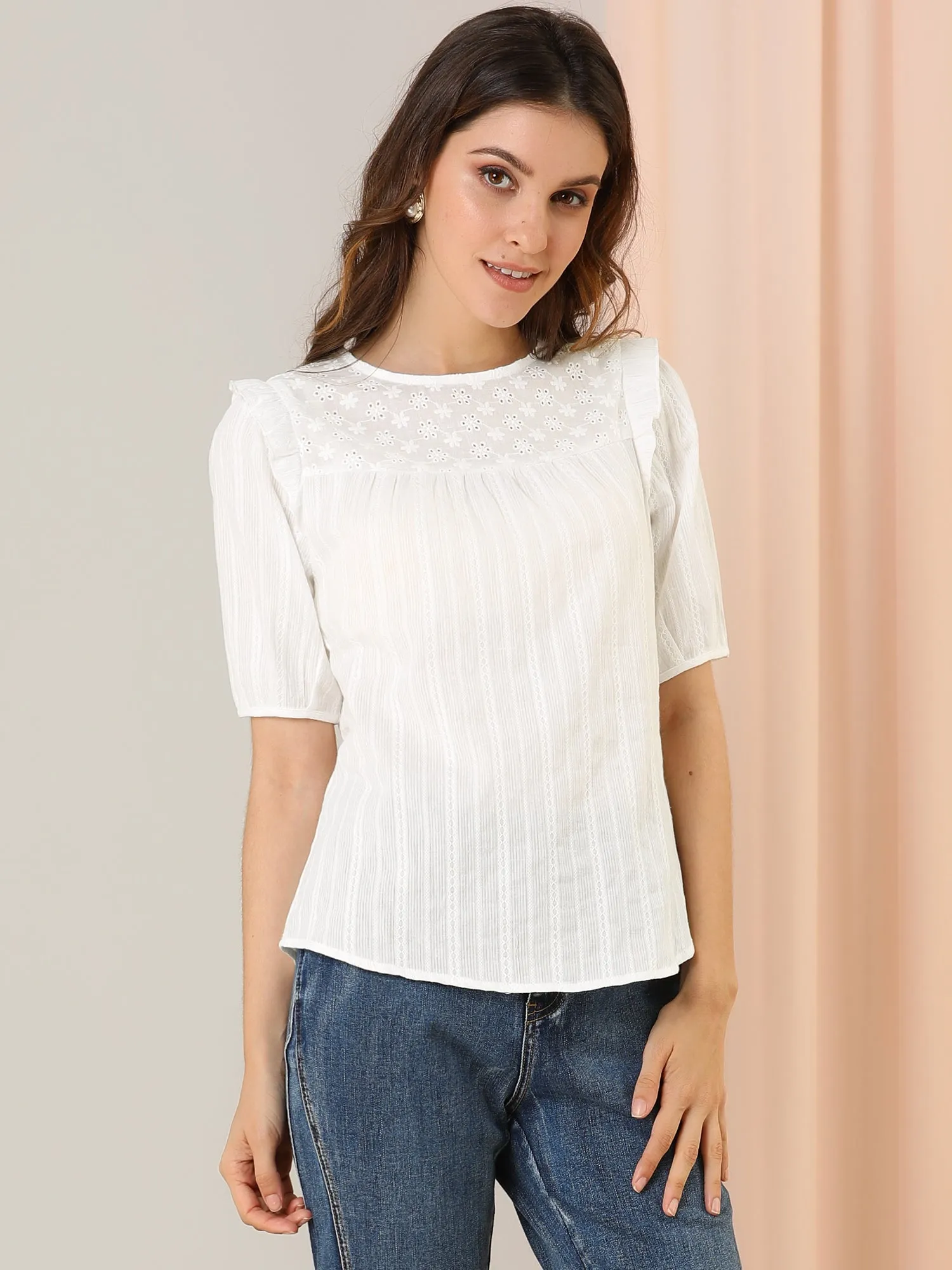 Cotton Summer Ruffle Frilled Round Neck Short Sleeve Blouse sold by Allegra K