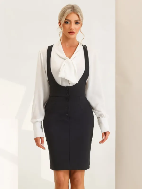 Business Pinafore Pencil Button Front Suspender Overall Skirt sold by Allegra K