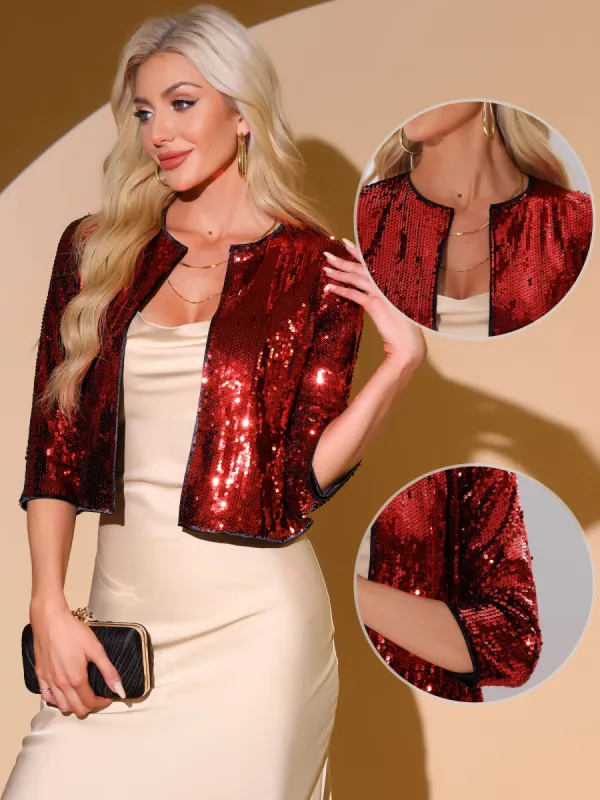 Sequin Glitter 3/4 Sleeve Open Front Party Club Cropped Jackets sold by Allegra K