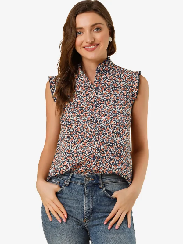 Sleeveless Ruffle Neckline Button Down Floral Top sold by Allegra K