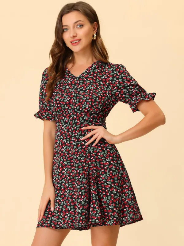 Cherry Printed V Neck Ruffle Collar Floral Short Sleeve A-Line Dress sold by Allegra K