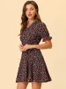 Cherry Printed V Neck Ruffle Collar Floral Short Sleeve A-Line Dress sold by Allegra K