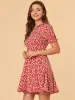 Cherry Printed V Neck Ruffle Collar Floral Short Sleeve A-Line Dress sold by Allegra K