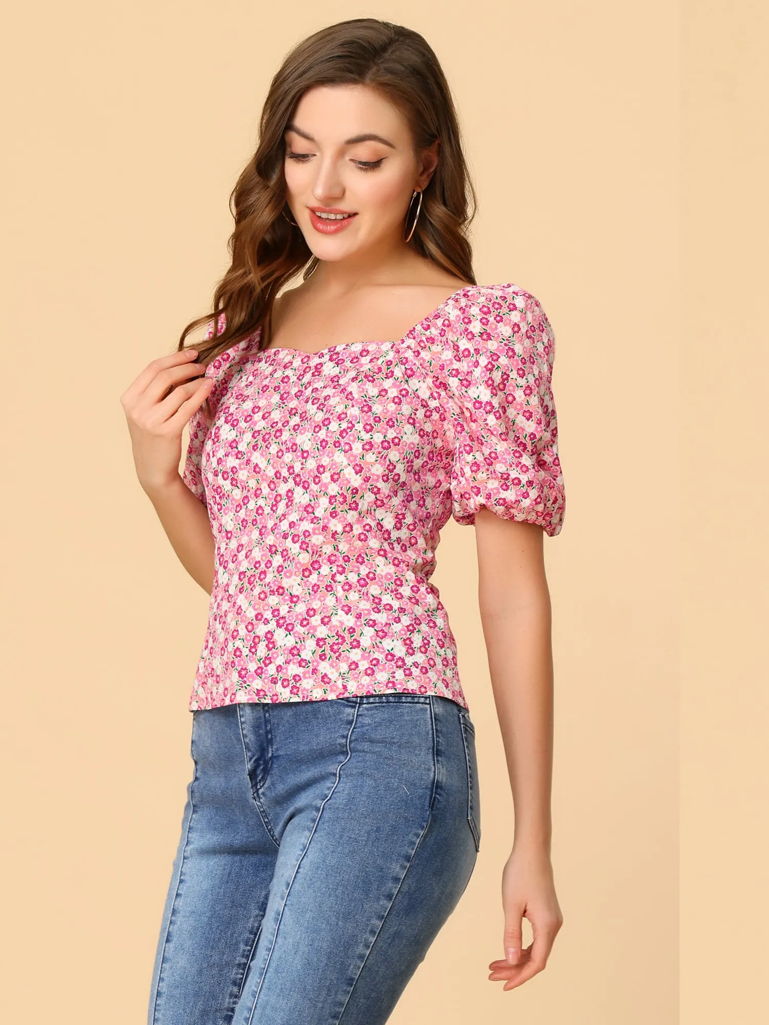Puff Sleeve Square Neck Peasant Floral Blouse Top sold by Allegra K product image thumbnail 2