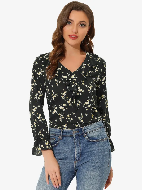 Peasant Chiffon Floral Ruffle Neck Office Long Sleeve Blouse sold by Allegra K