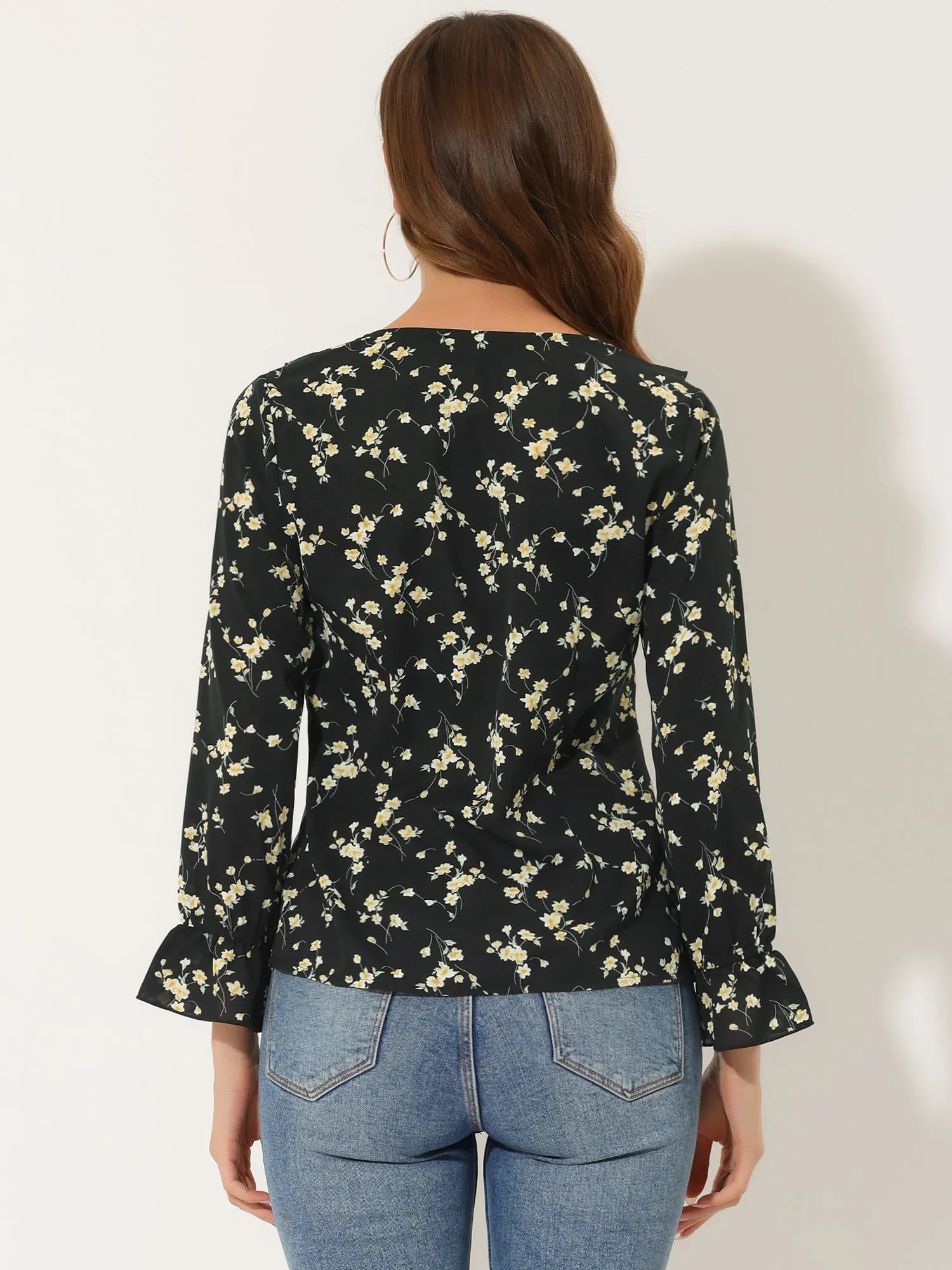 Peasant Chiffon Floral Ruffle Neck Office Long Sleeve Blouse sold by Allegra K product image thumbnail 3