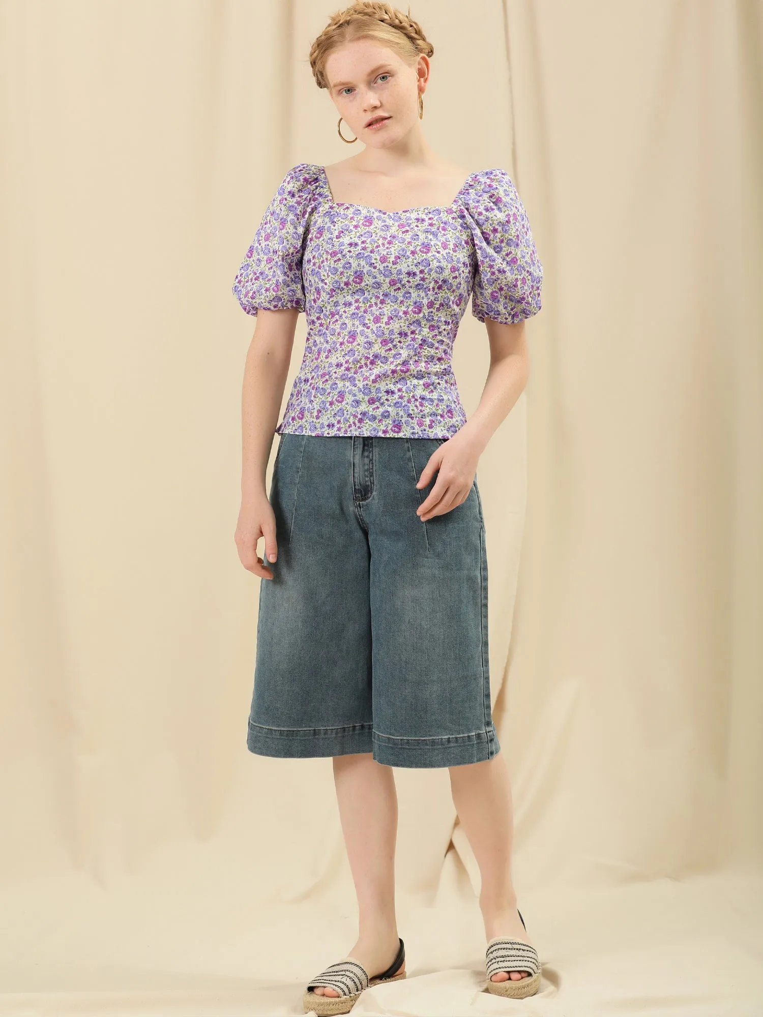 Puff Sleeve Square Neck Peasant Floral Blouse Top sold by Allegra K product image thumbnail 5