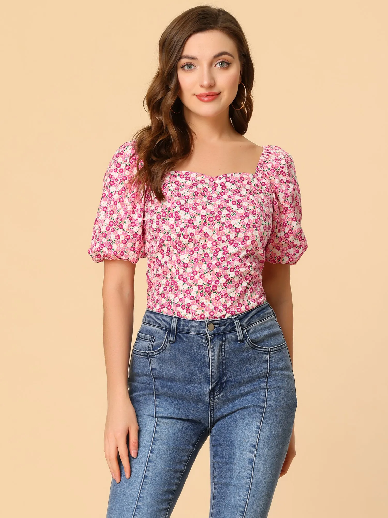 Puff Sleeve Square Neck Peasant Floral Blouse Top sold by Allegra K