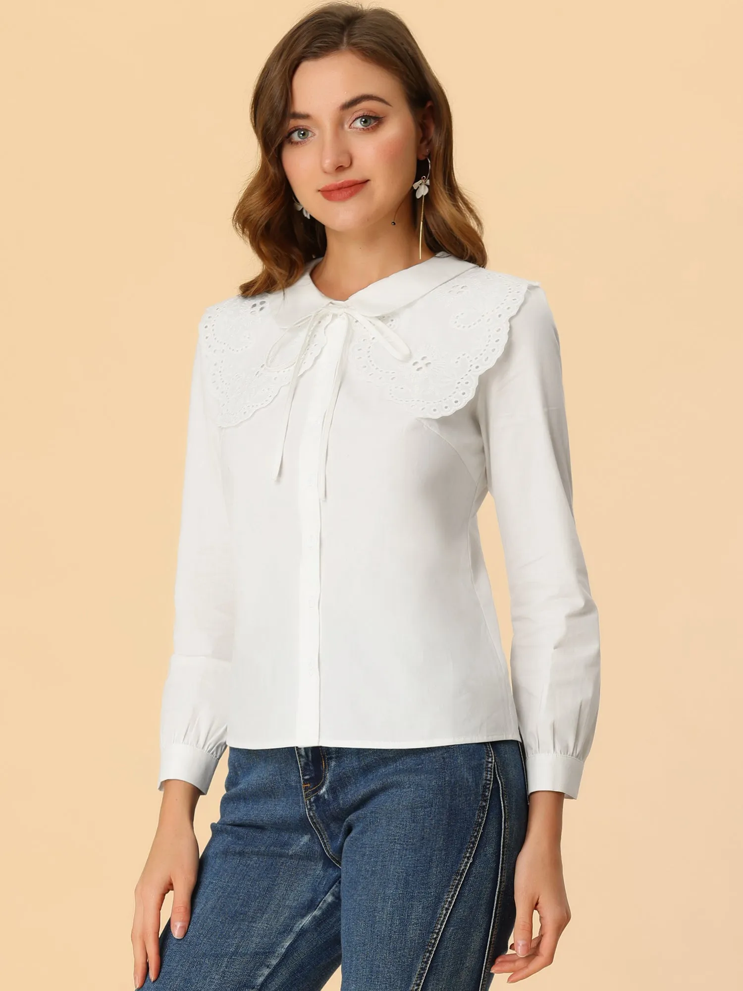 Long Sleeve Decorative Lace Faux Collar Button Down Shirt sold by Allegra K