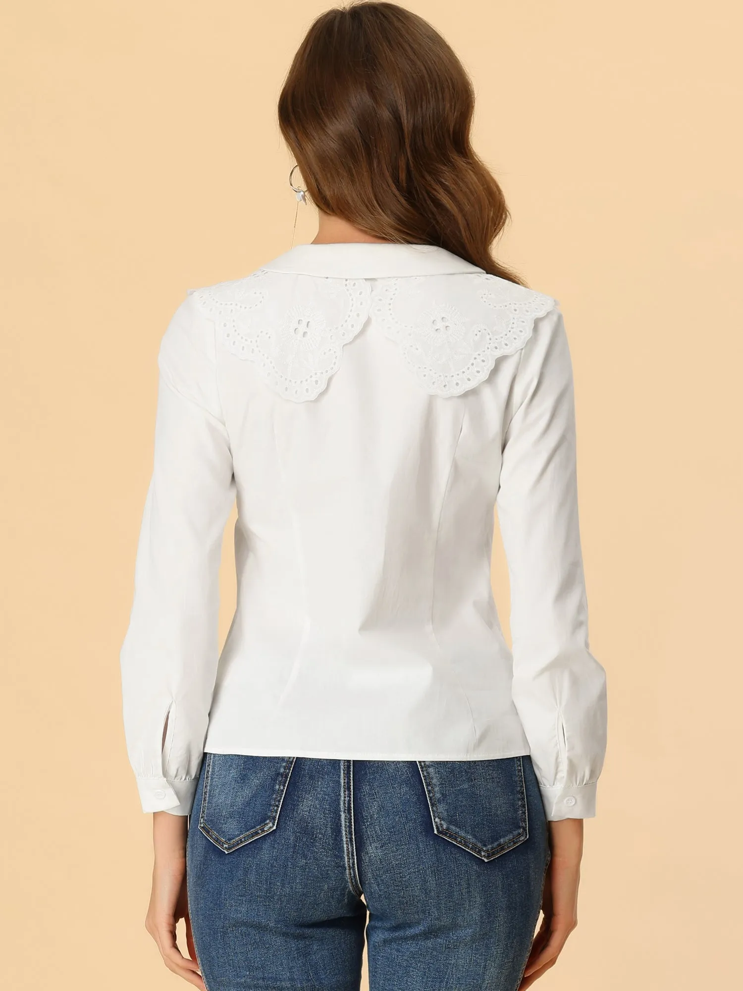 Long Sleeve Decorative Lace Faux Collar Button Down Shirt sold by Allegra K product image thumbnail 3